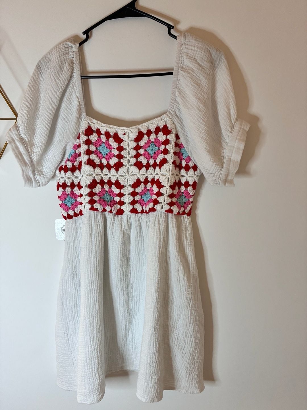 Jodifl Bluish Cream Crochet Granny Square Babydoll Mini Dress Size M 2