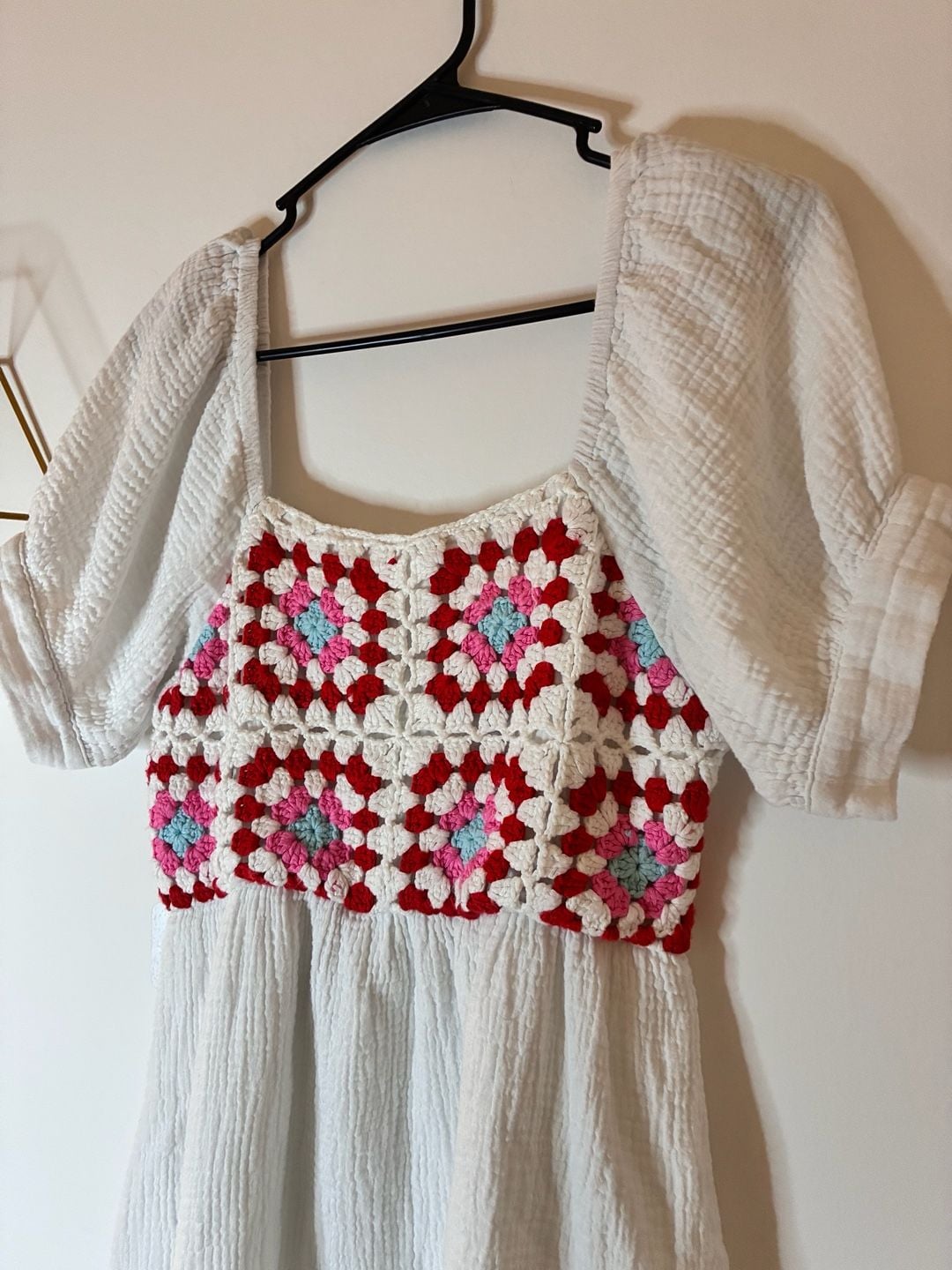 Jodifl Bluish Cream Crochet Granny Square Babydoll Mini Dress Size M 4
