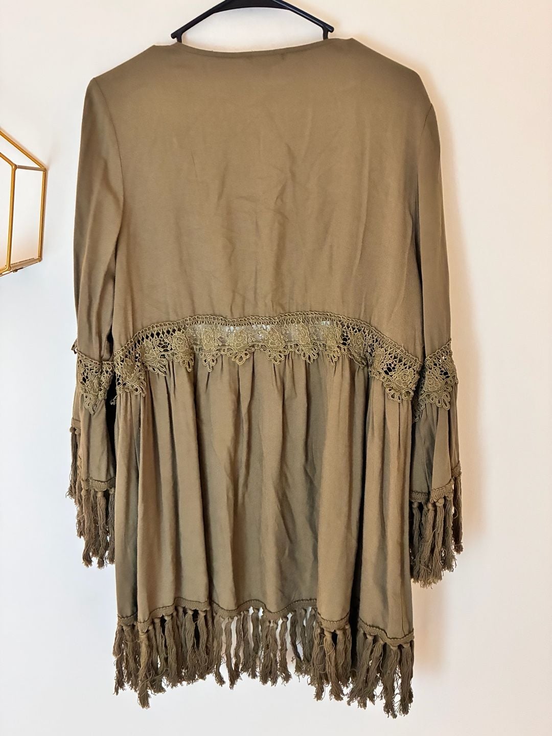 Jodifl Olive Taupe Boho Lace Fringe Open Front Kimono Cardigan L 3