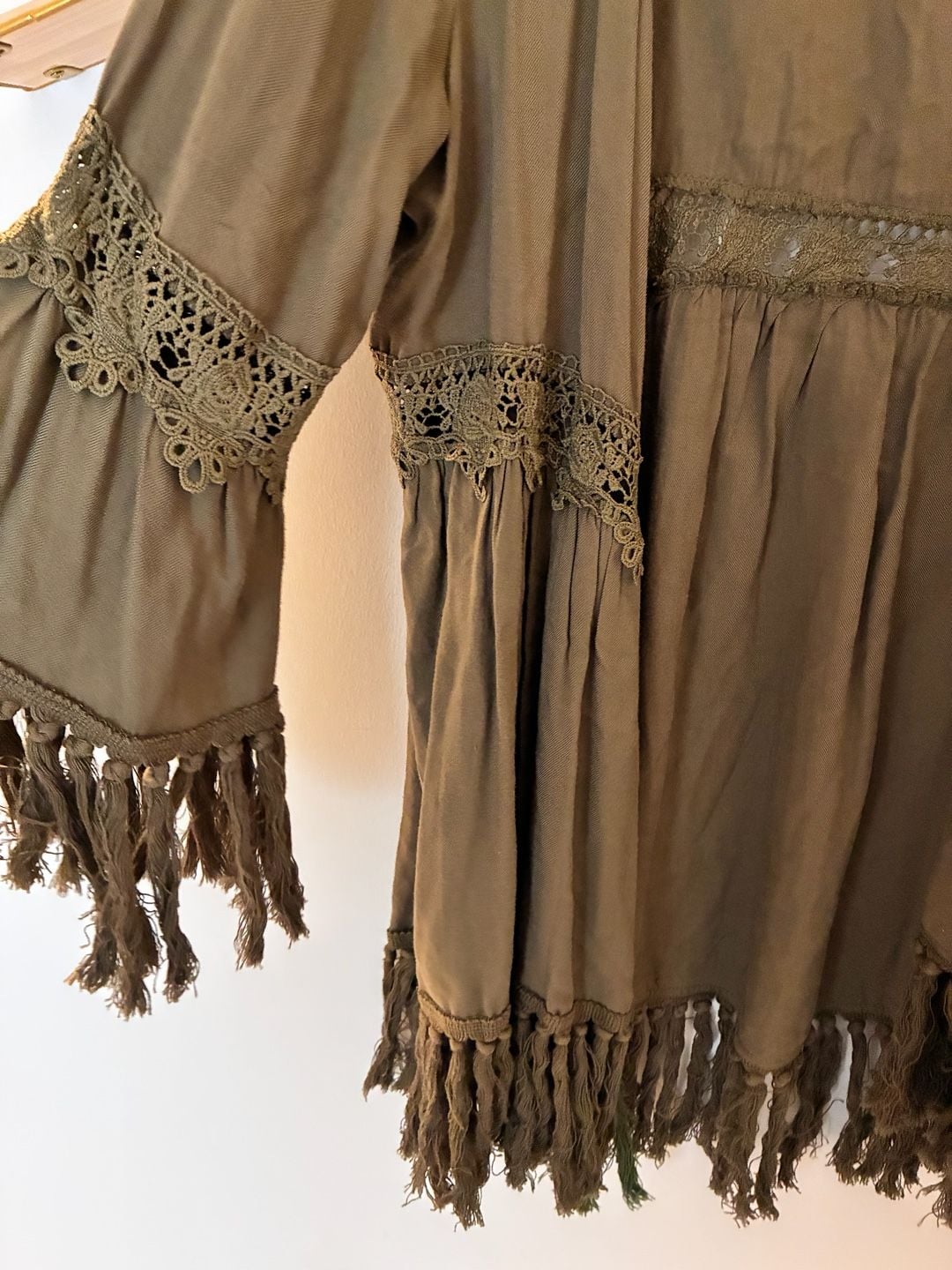 Jodifl Olive Taupe Boho Lace Fringe Open Front Kimono Cardigan L 4