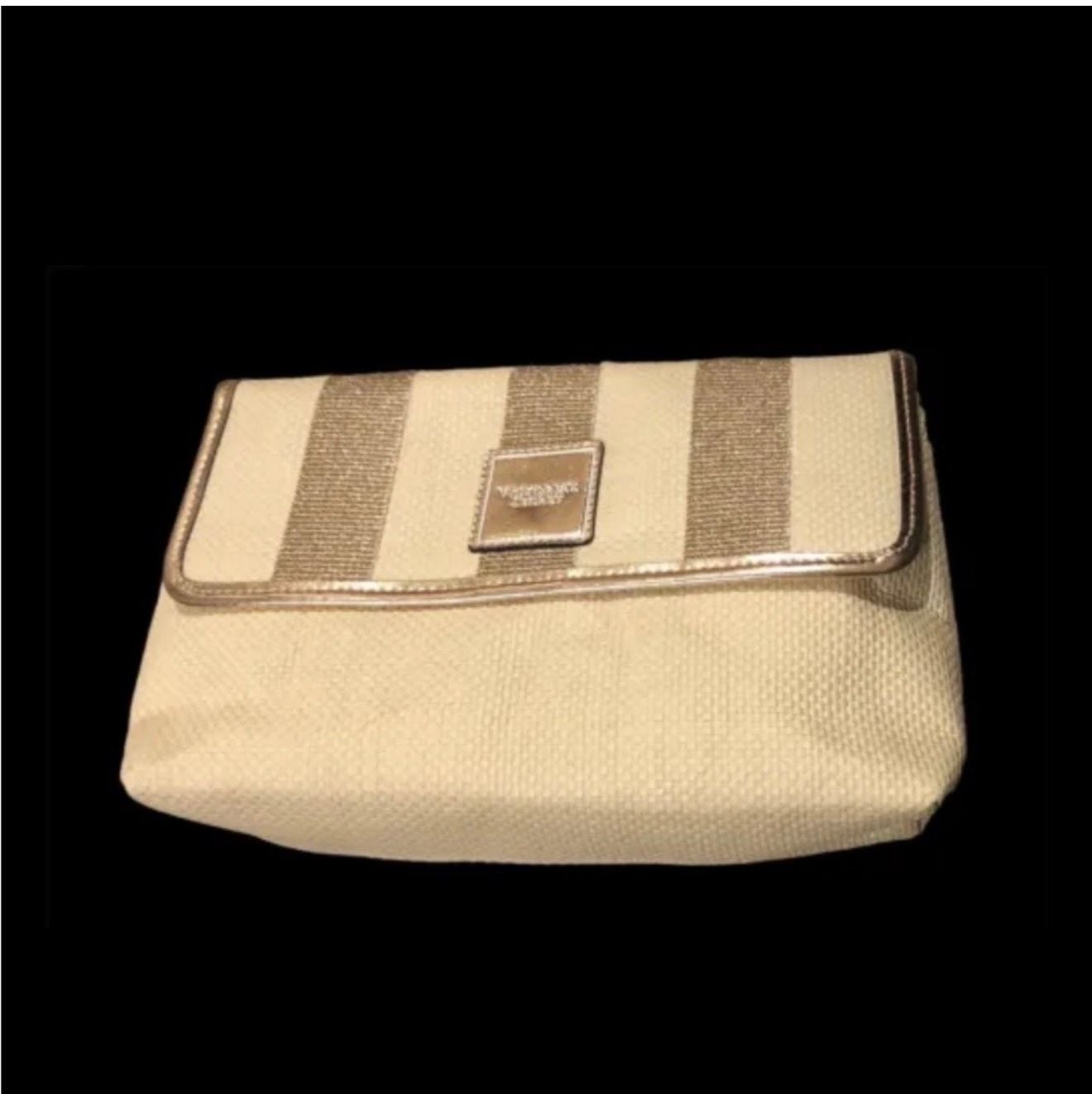 Victoria's Secret Striped Cosmetic Clutch Bag Gold Cream 5