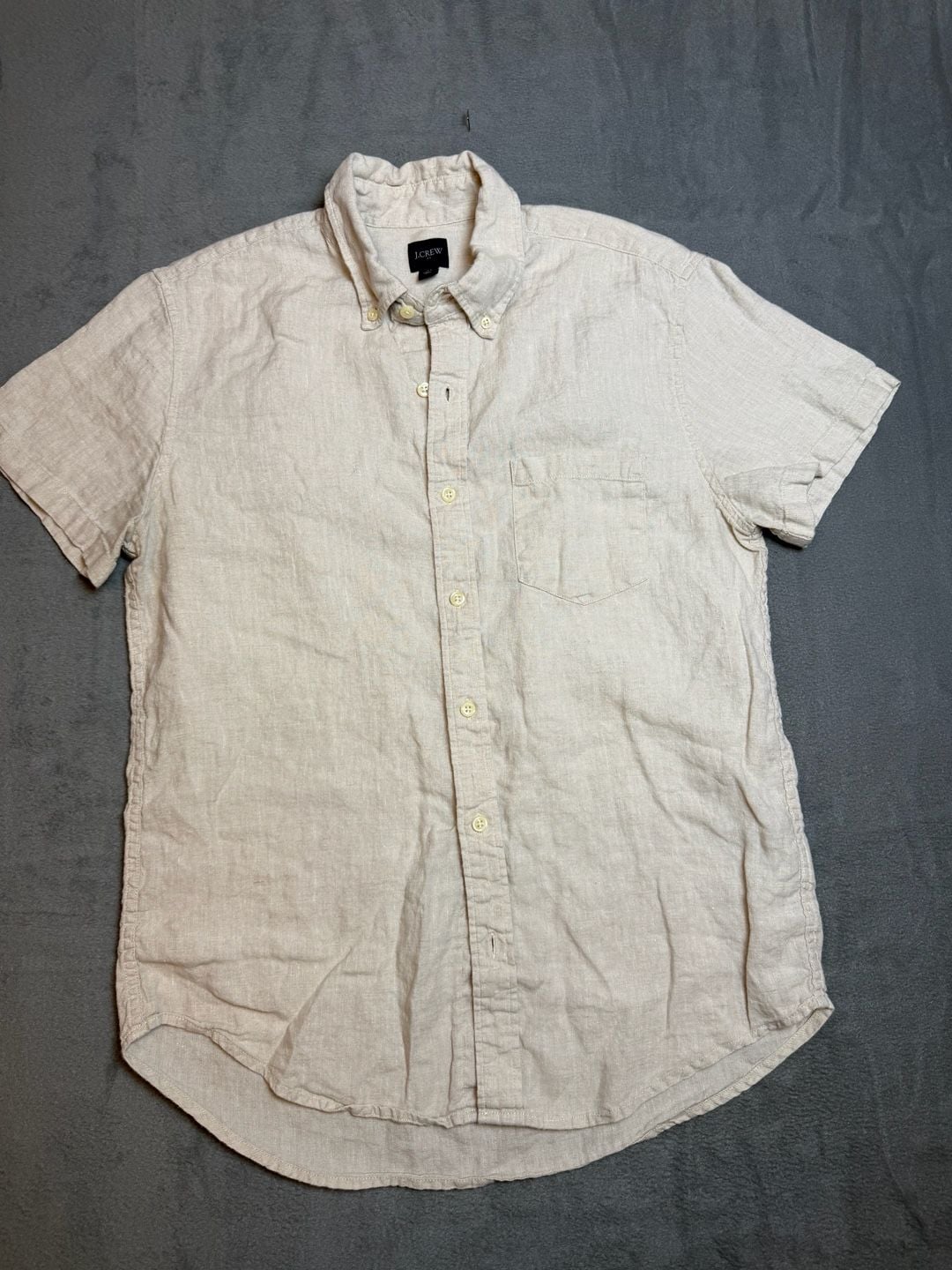 J.Crew Short Sleeve Linen Button Down Shirt Size L Beige 2