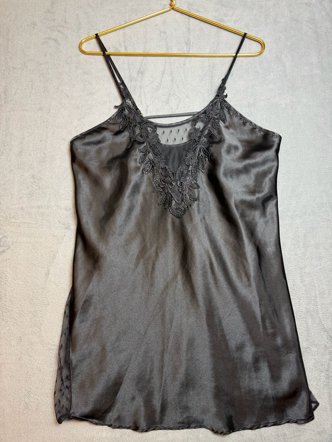 Flora Black Satin Lace Chemise Slip Lingerie 2