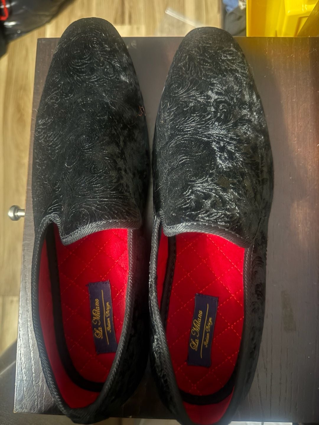 La Milano Men’s 10.5 Black Velvet Paisley Smoking Loafers Red Sole Dress Shoes 2