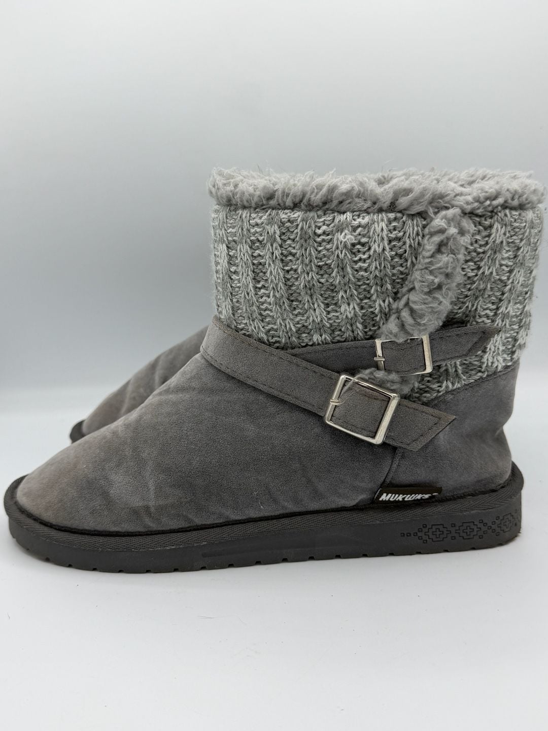 MUK LUKS Womens Size 8 Gray Faux Suede Sweater Knit Fur Lined Ankle Boots 4