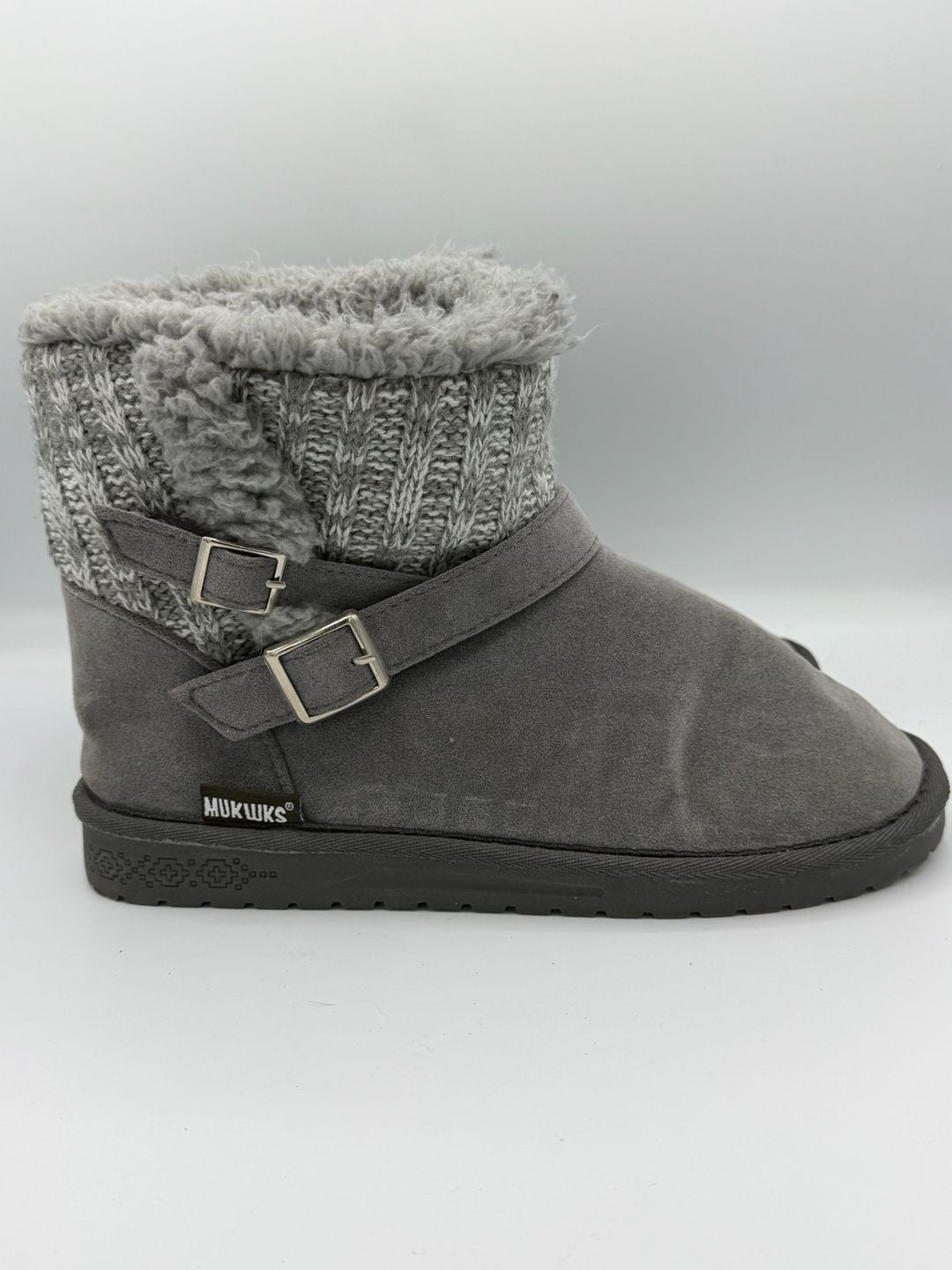 MUK LUKS Womens Size 8 Gray Faux Suede Sweater Knit Fur Lined Ankle Boots 5