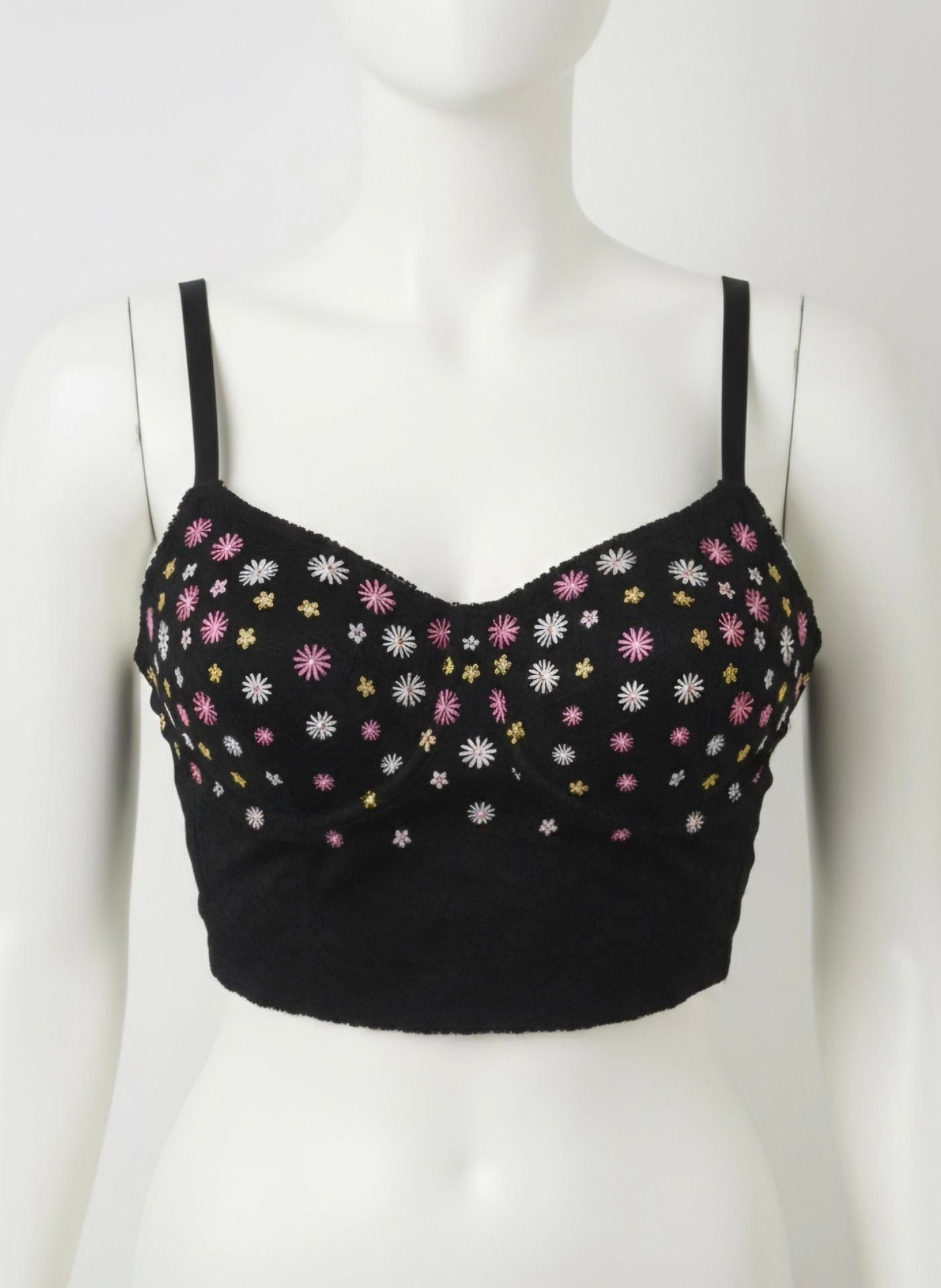 Pink Floral Embroidered Black Bustier 2