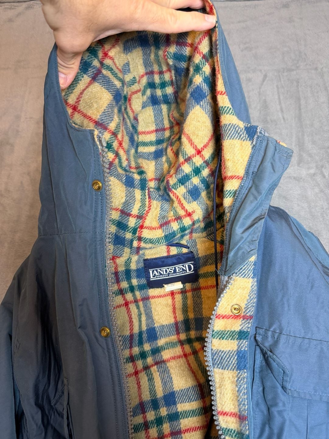 Lands' End Squall Jacket XL Vintage Fleece Lined Blue Plaid USA 9