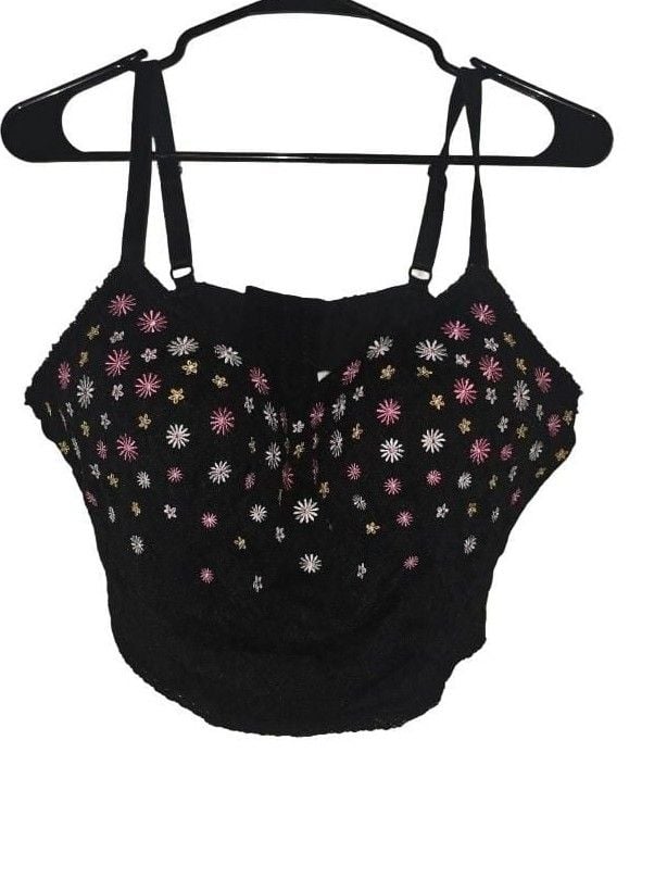 Pink Floral Embroidered Black Bustier 3
