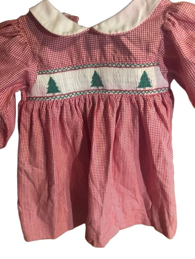 Amii Vintage Red Houndstooth Smocked Christmas Tree Dress Size 12M 3