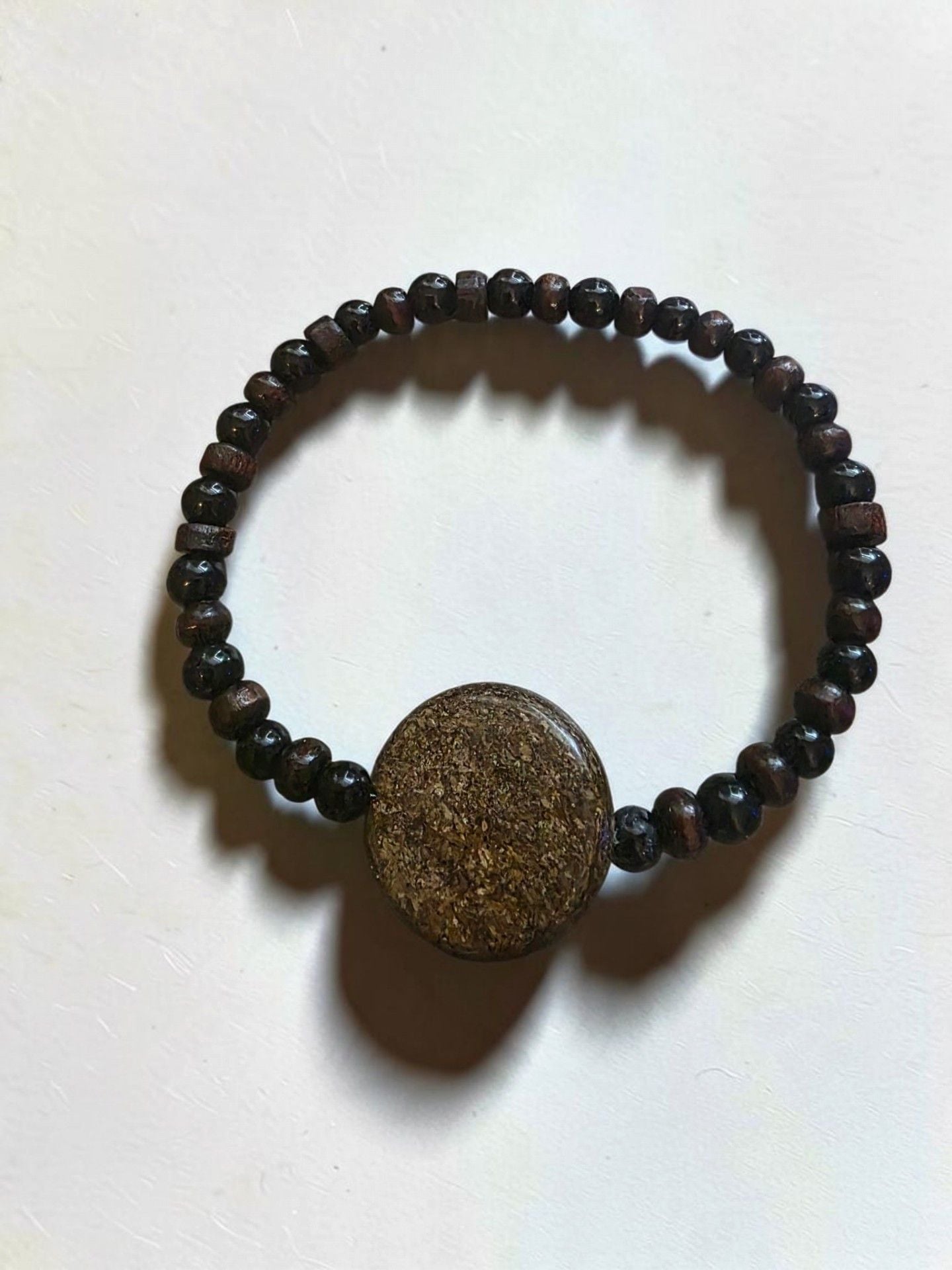 Wood Bead Bracelet With Center Stone Brown Beaded 3