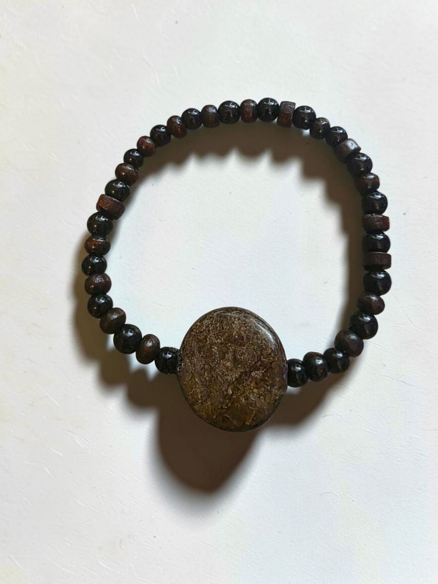 Wood Bead Bracelet With Center Stone Brown Beaded 4
