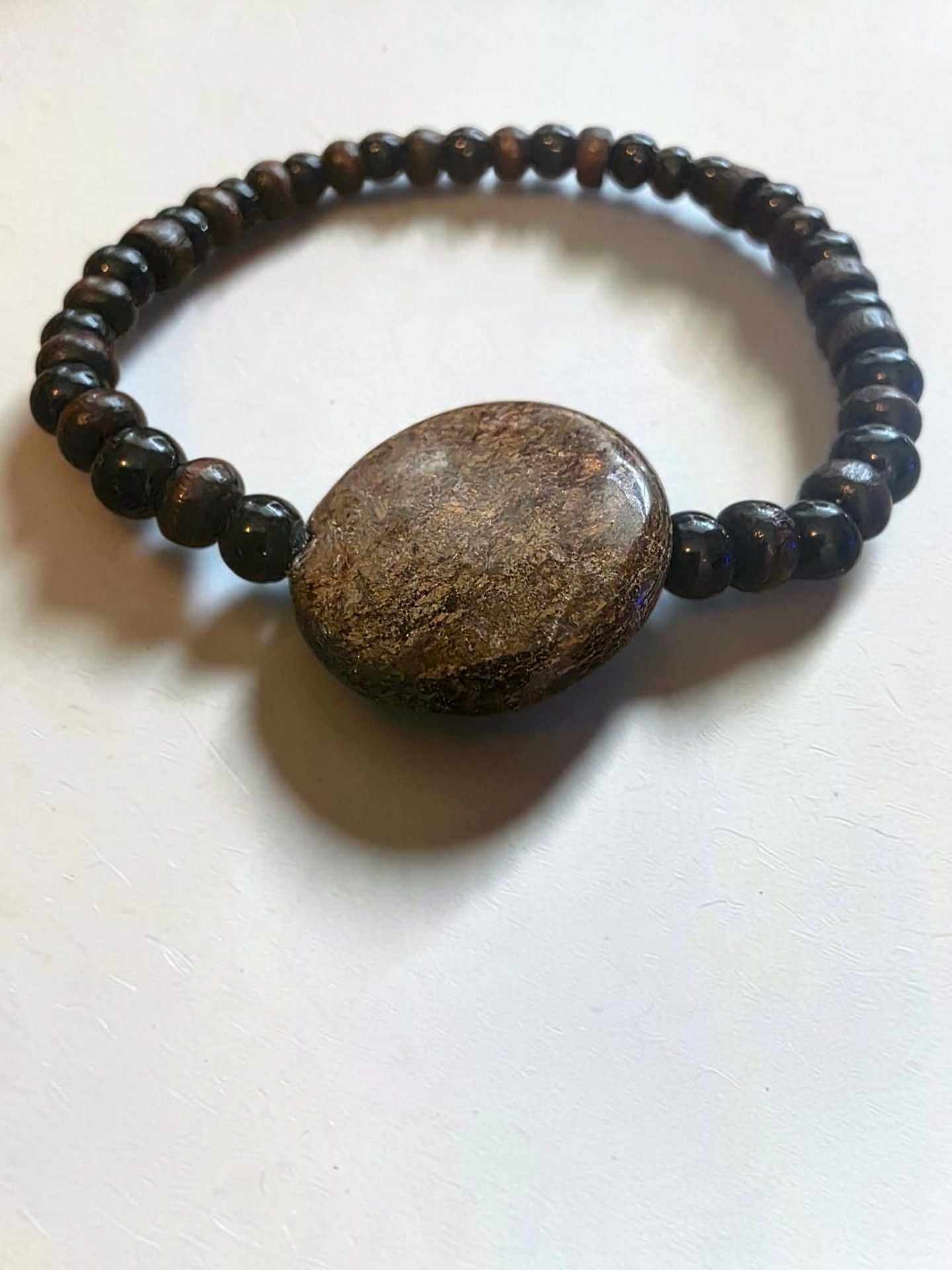 Wood Bead Bracelet With Center Stone Brown Beaded 5