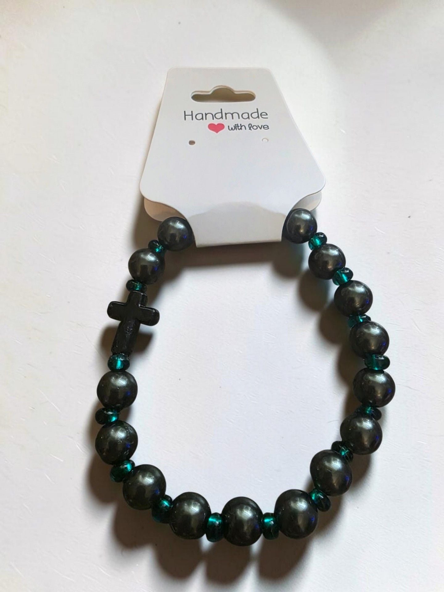 Gunmetal Black Pearl Teal Glass Cross Stretch Bracelet 2