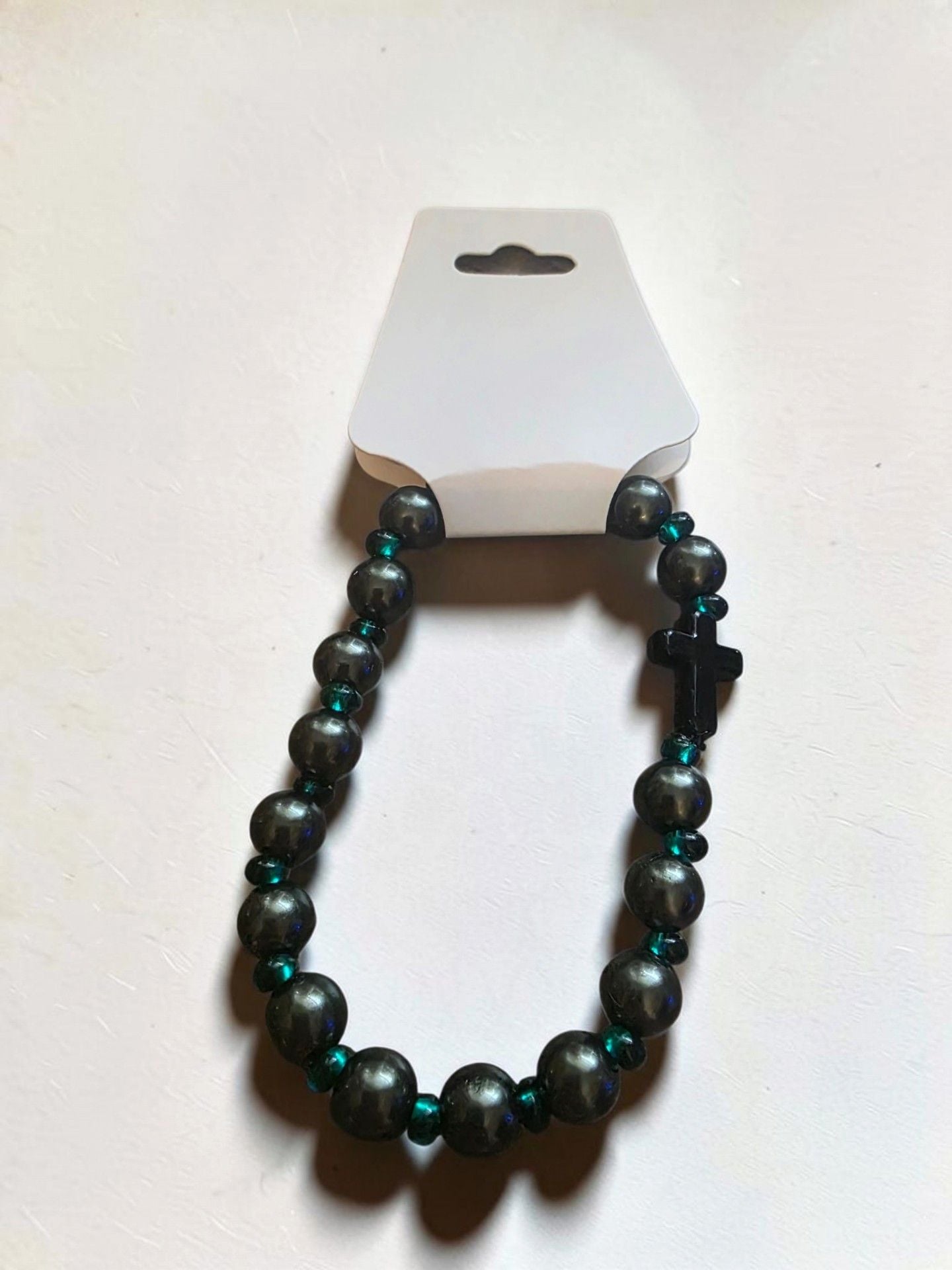 Gunmetal Black Pearl Teal Glass Cross Stretch Bracelet 3