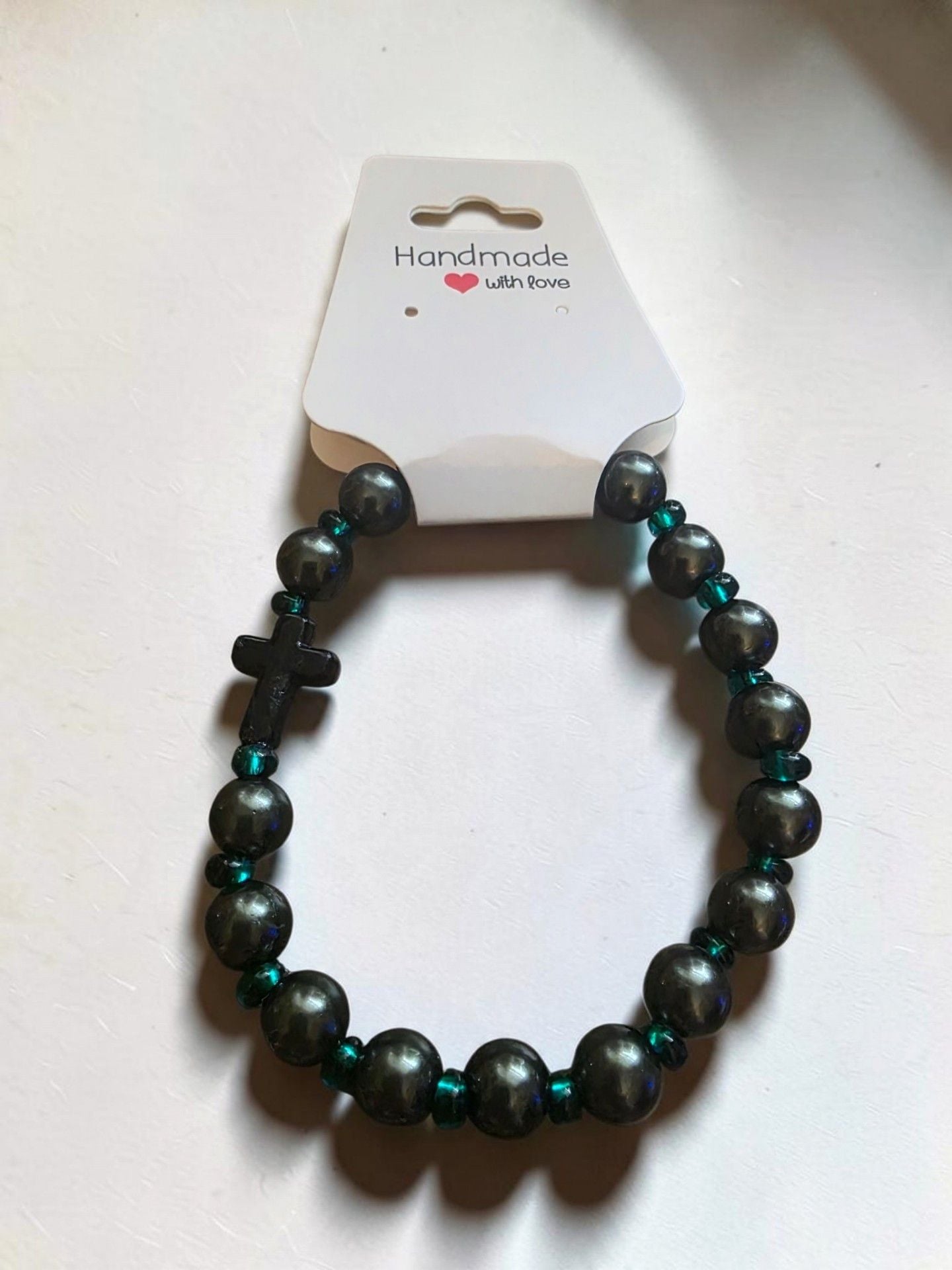 Gunmetal Black Pearl Teal Glass Cross Stretch Bracelet 4