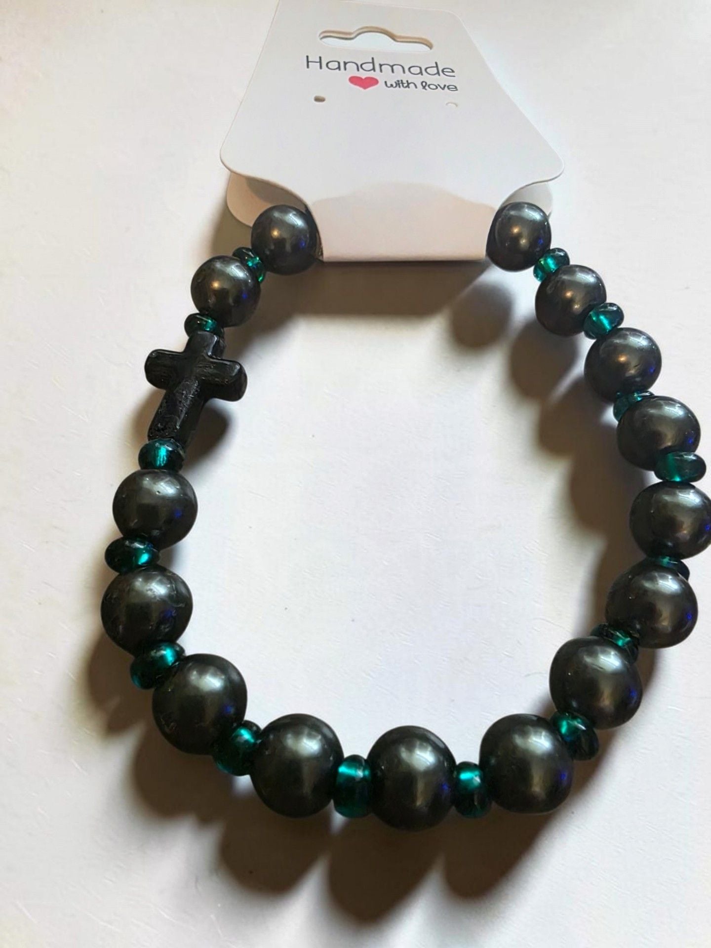 Gunmetal Black Pearl Teal Glass Cross Stretch Bracelet 5