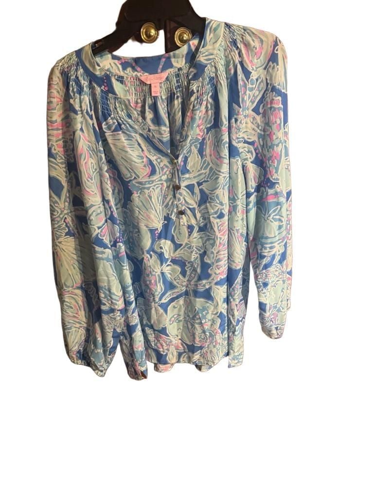 Lilly Pulitzer Silk Blouse Size XL Blue Floral Long Sleeve 2