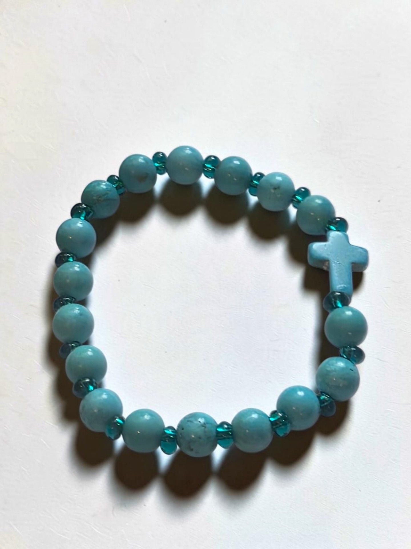 Beaded Cross Bracelet Turquoise Blue Stretch 3