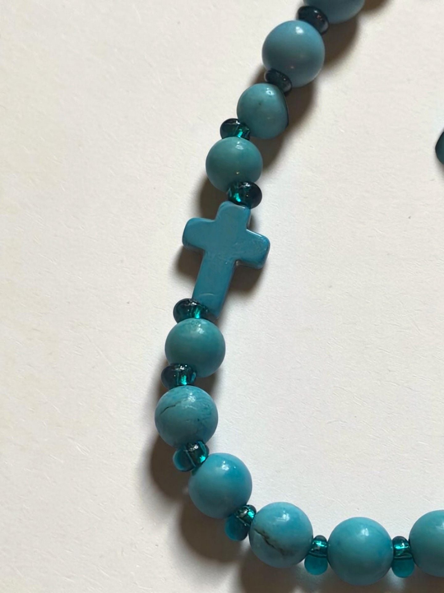 Beaded Cross Bracelet Turquoise Blue Stretch 4