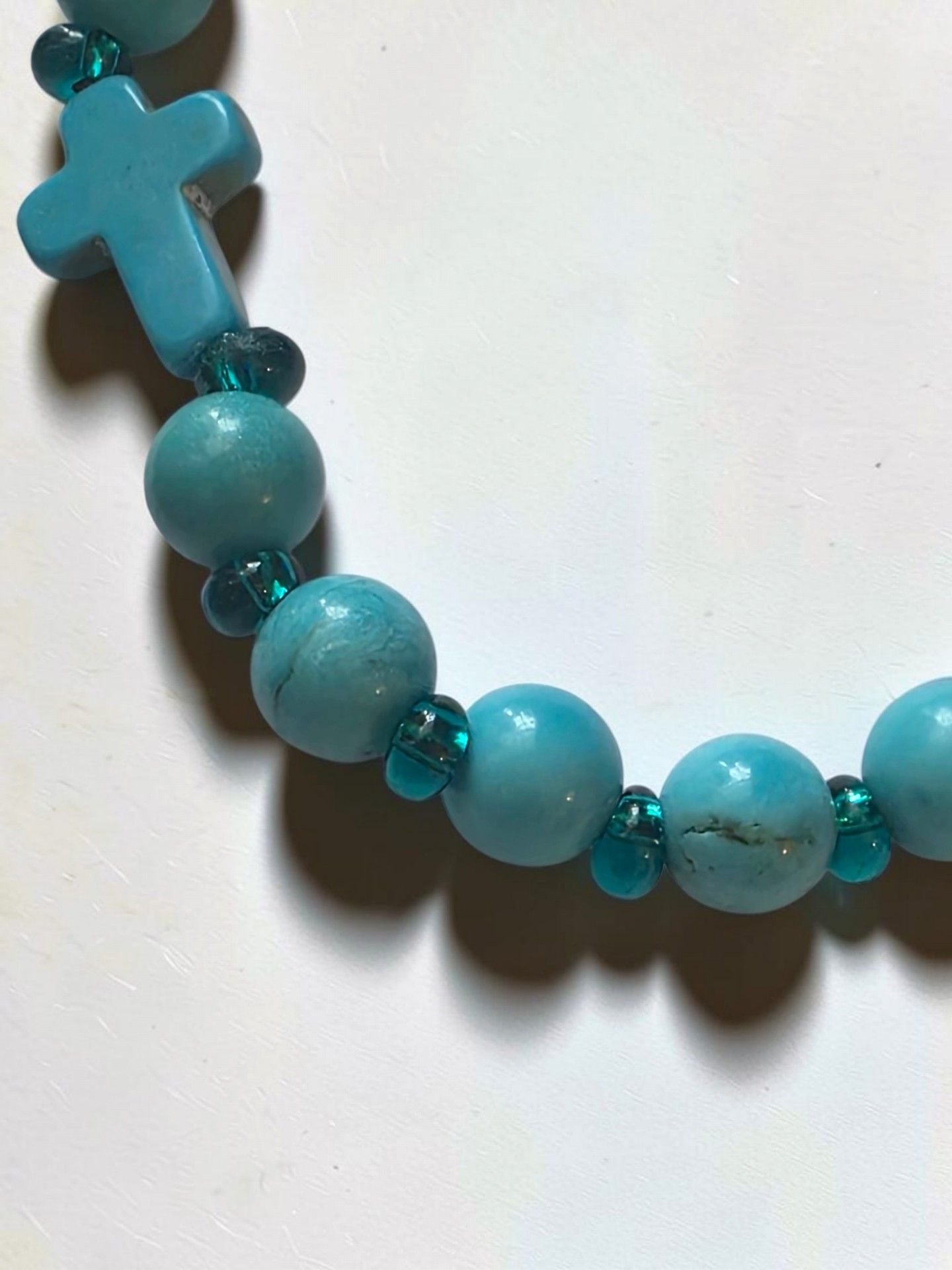 Beaded Cross Bracelet Turquoise Blue Stretch 6