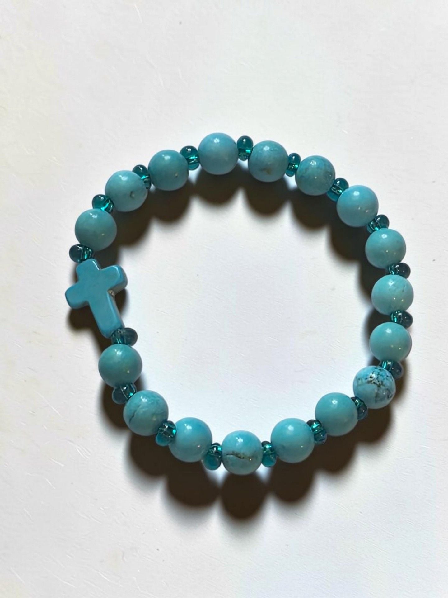 Beaded Cross Bracelet Turquoise Blue Stretch 7