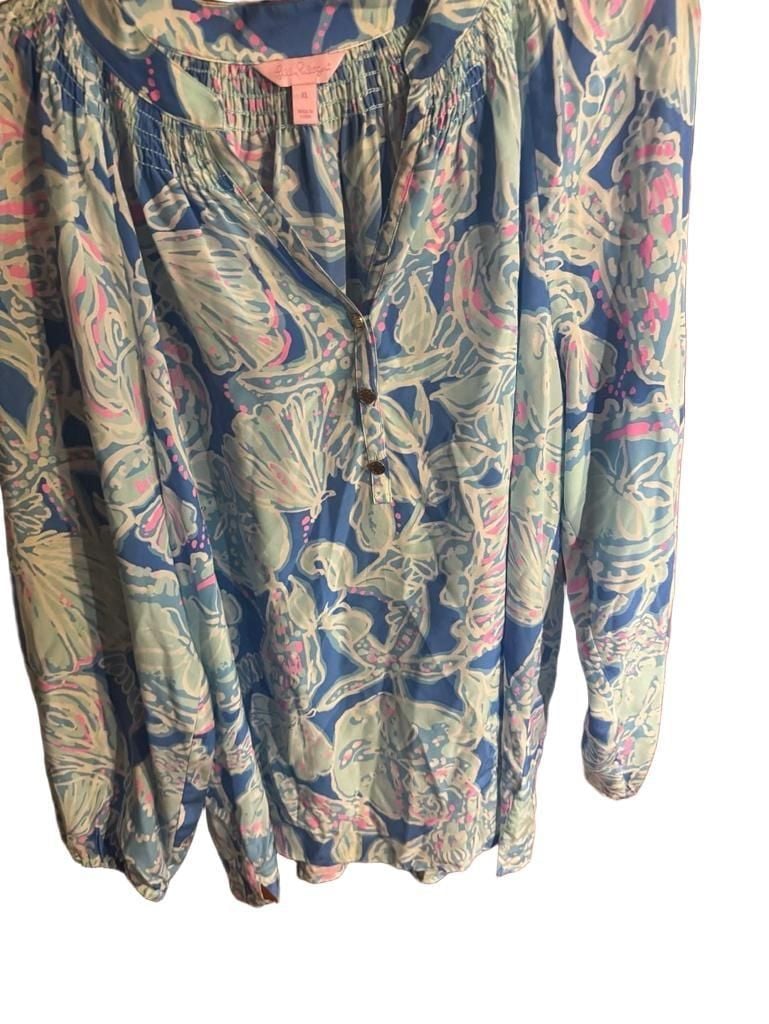 Lilly Pulitzer Silk Blouse Size XL Blue Floral Long Sleeve 3