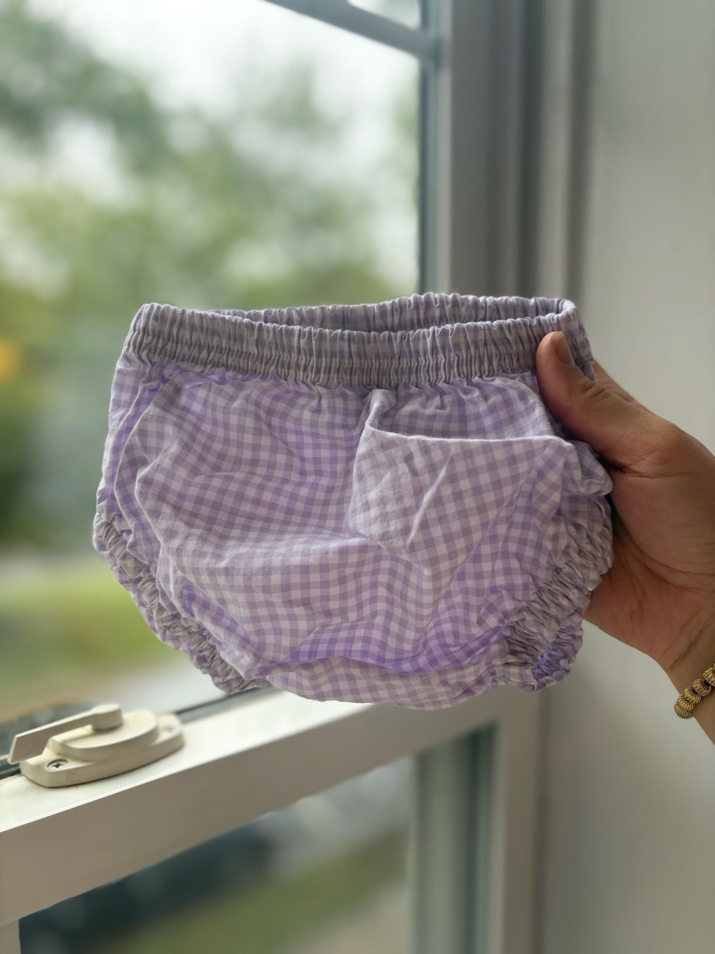 Three Pottery Barn Kids Gingham Bloomers Size 3-6M Purple & Blue 1