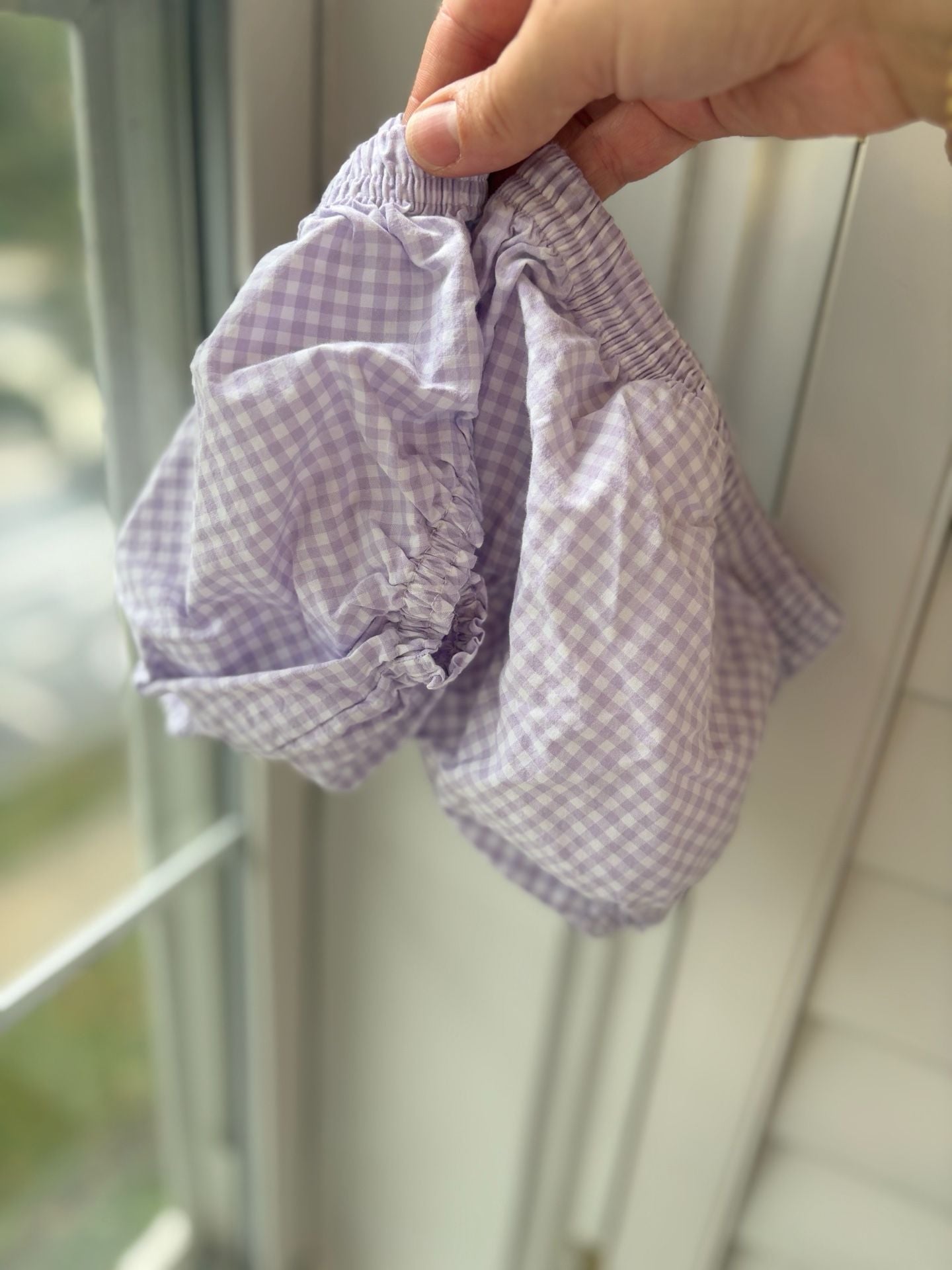 Three Pottery Barn Kids Gingham Bloomers Size 3-6M Purple & Blue 2