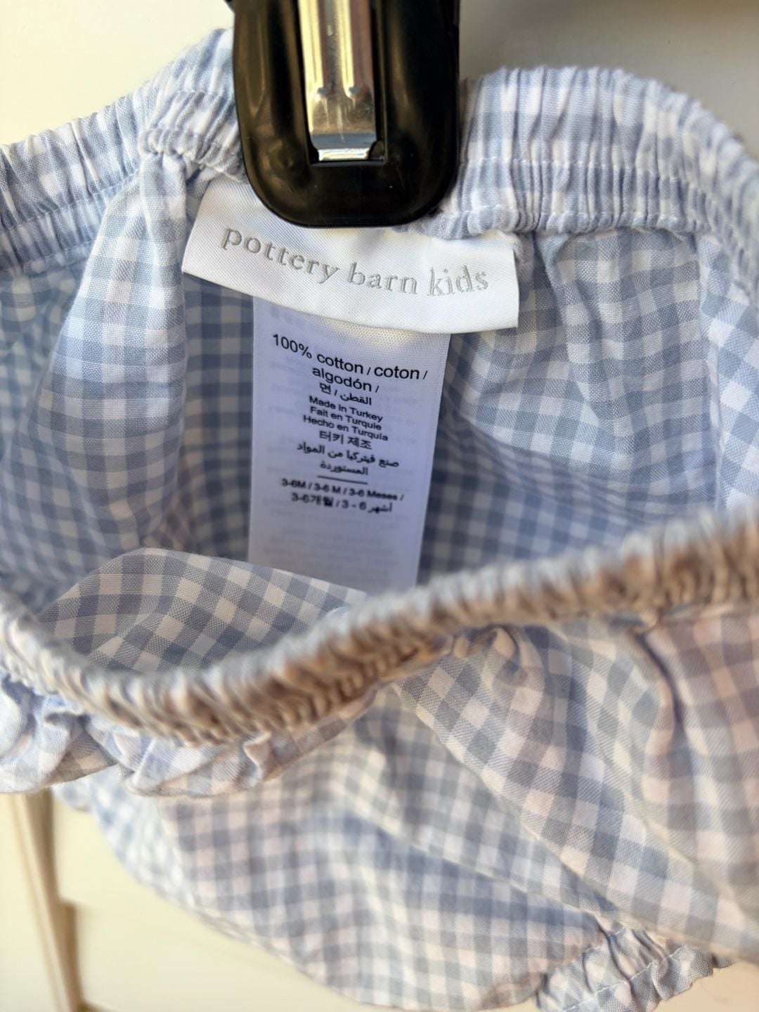 Three Pottery Barn Kids Gingham Bloomers Size 3-6M Purple & Blue 5