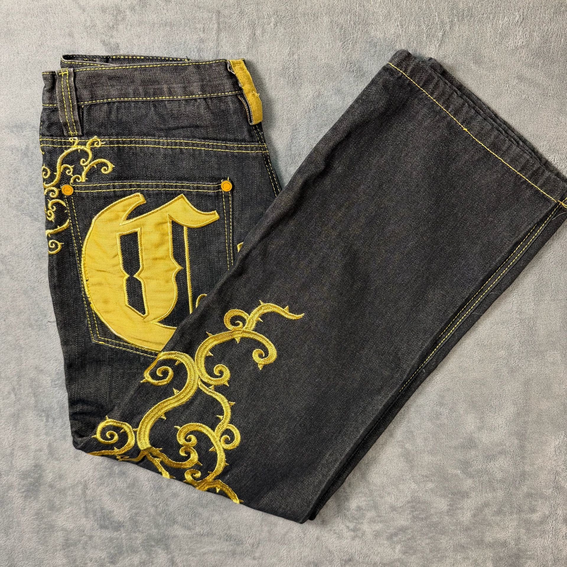 Vintage COOGI Heritage Baggy Denim Jeans Black Gold Embroidered W34 Y2K Rap 2