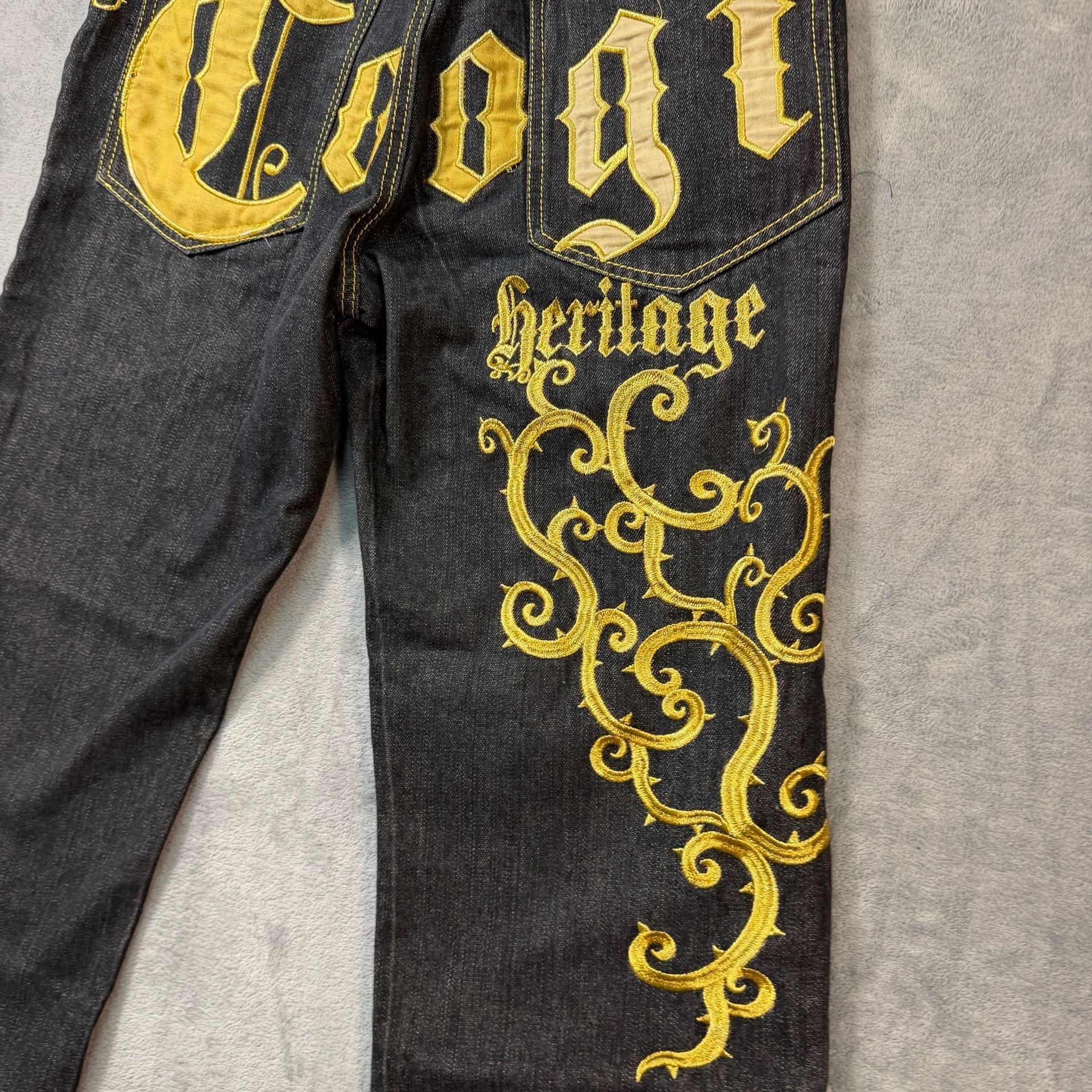 Vintage COOGI Heritage Baggy Denim Jeans Black Gold Embroidered W34 Y2K Rap 5