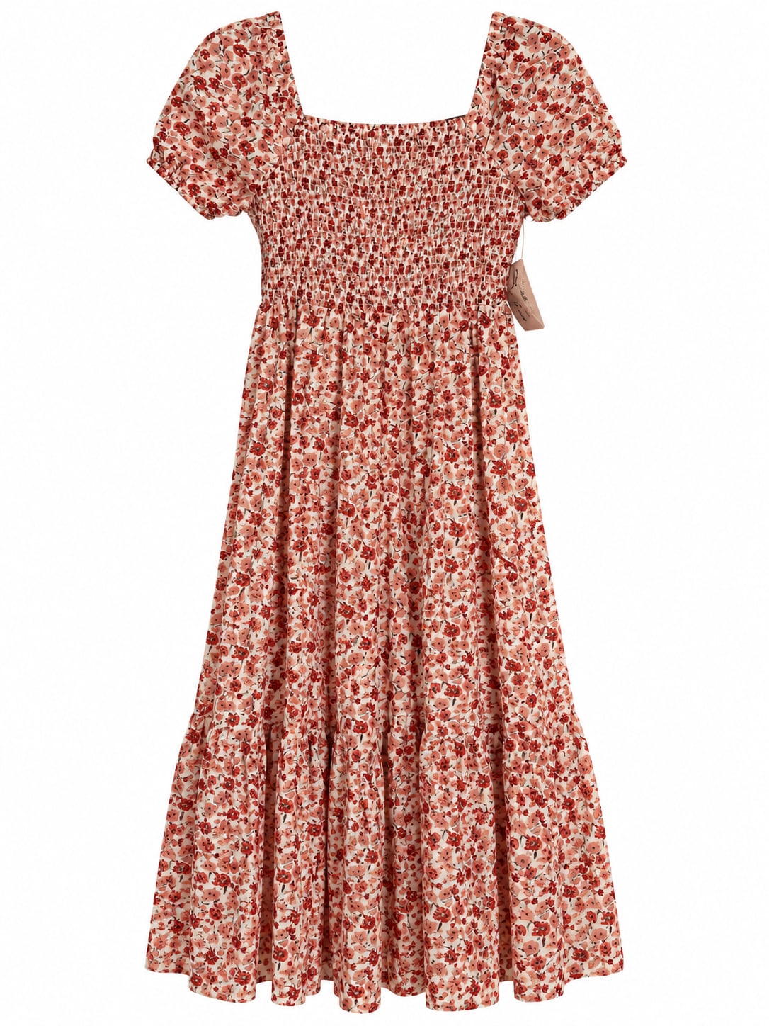 Indigo Rose Floral Smocked Midi Dress Size M Red White Cotton Puff Sleeve 3