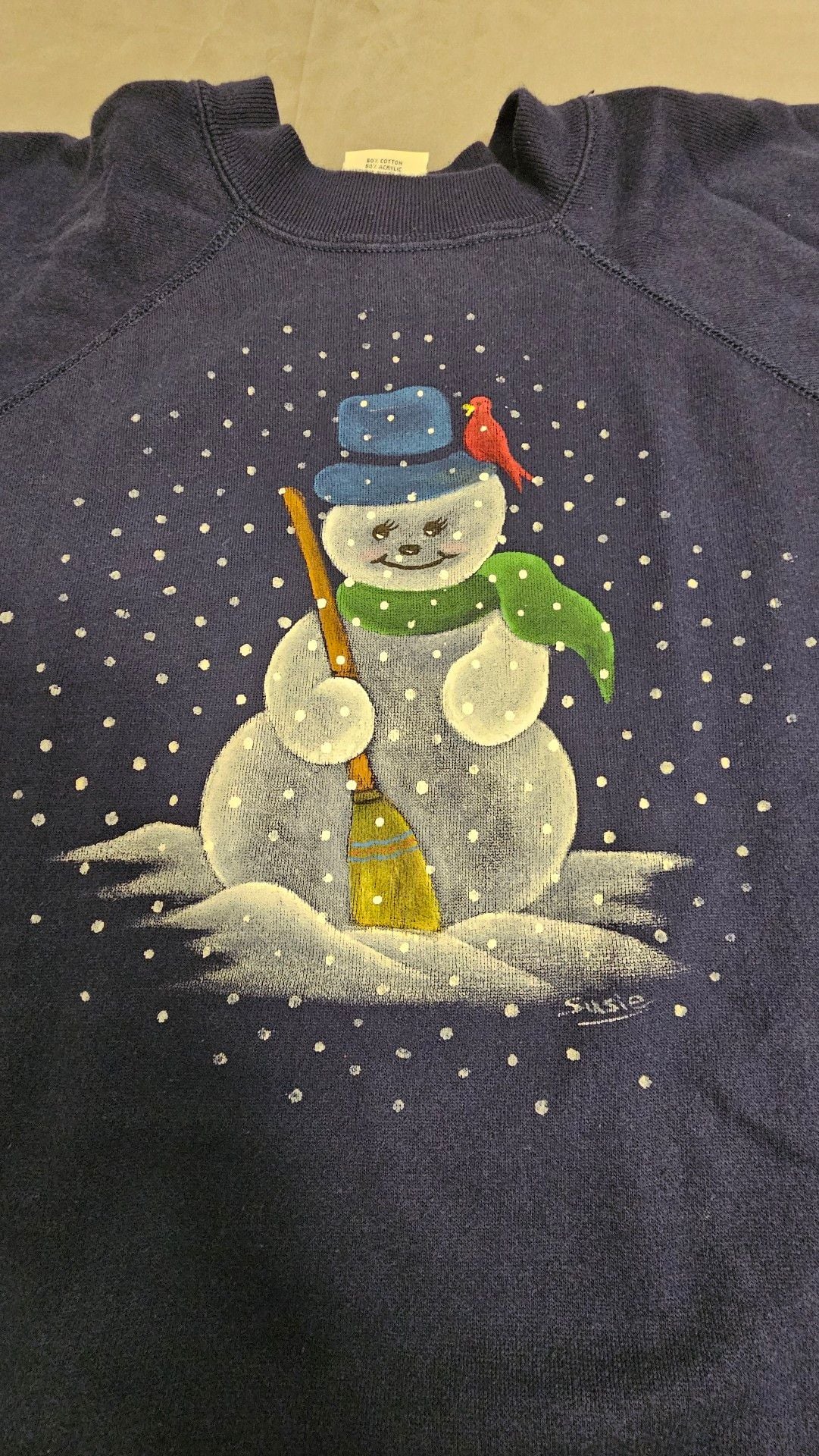 Hanes Vintage Snowman Painted Sweatshirt Size L Navy Blue 4