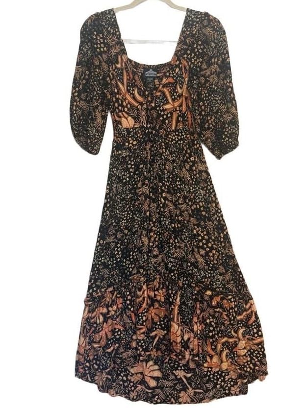 Whimsigoth Floral Midi Dress Size S Black Orange Boho 3