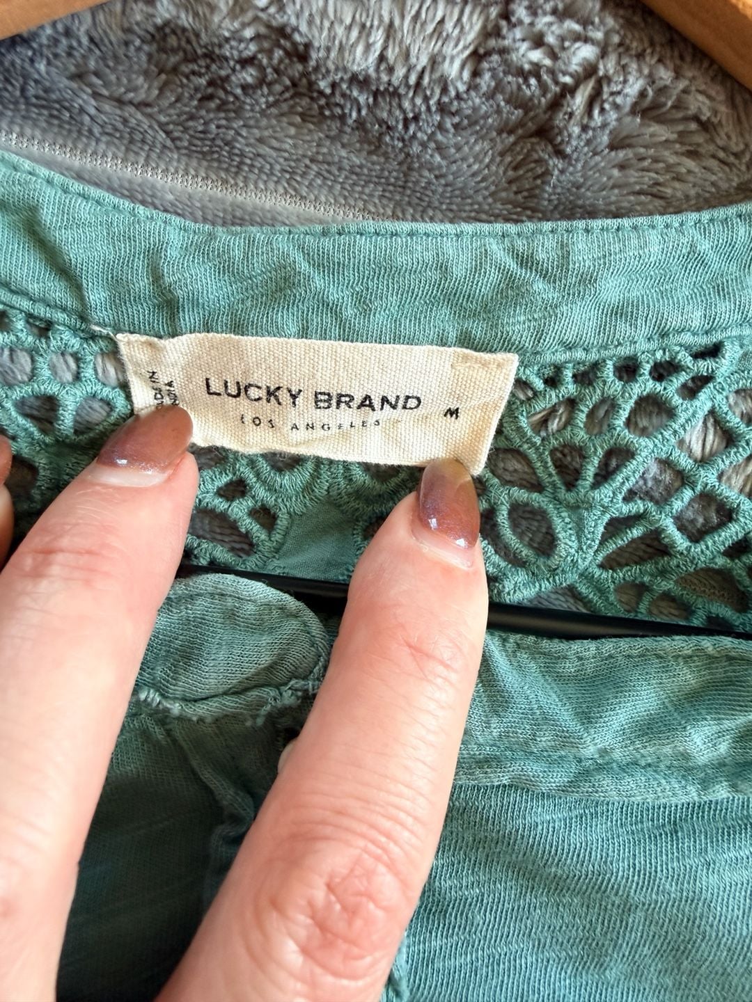Lucky Brand Long Sleeve Henley Top Size M Green Cotton Crochet Shoulder Boho 4