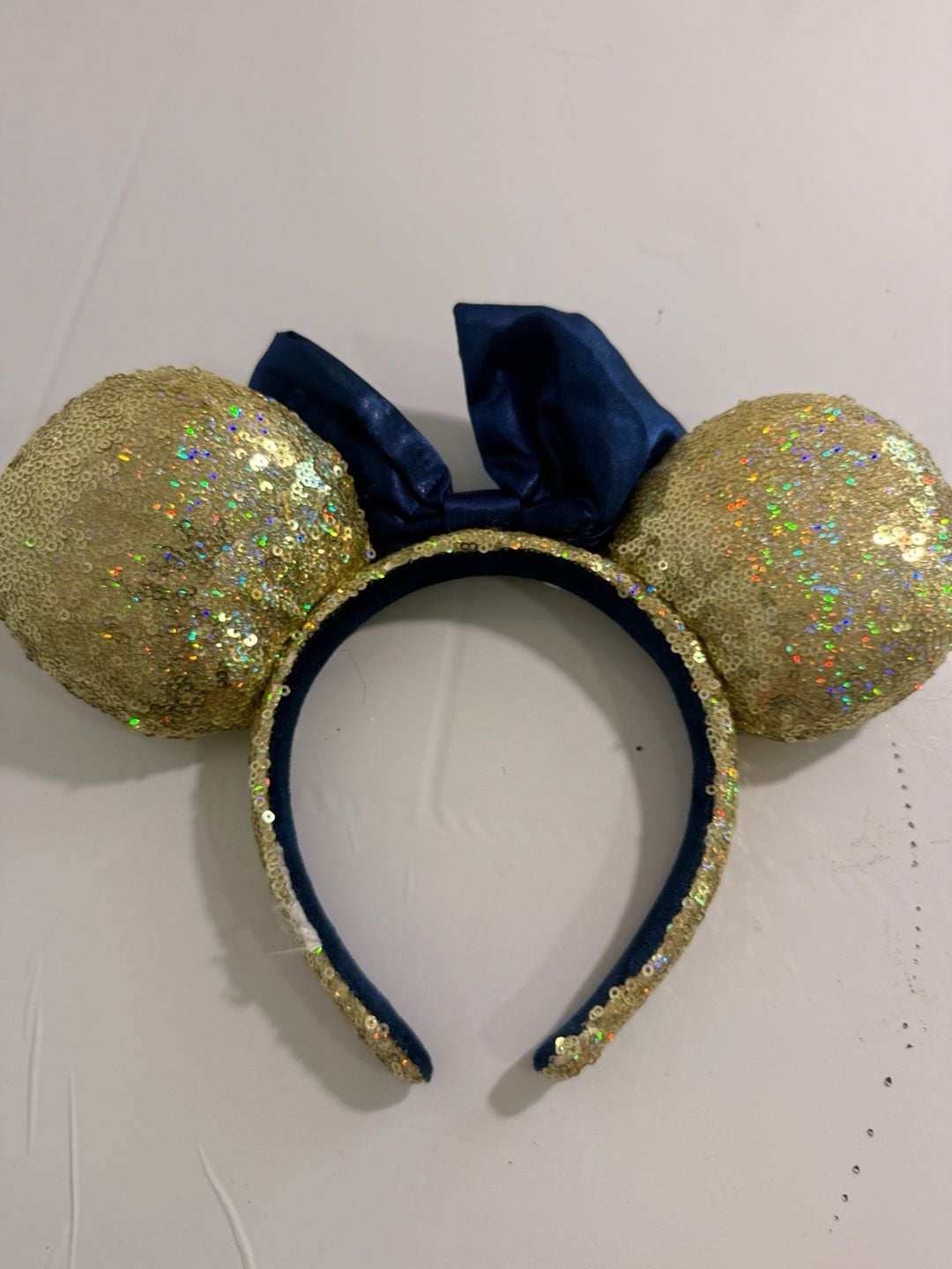 Disney Parks Mickey Mouse Ear Headband Gold Sequin Blue Bow 3