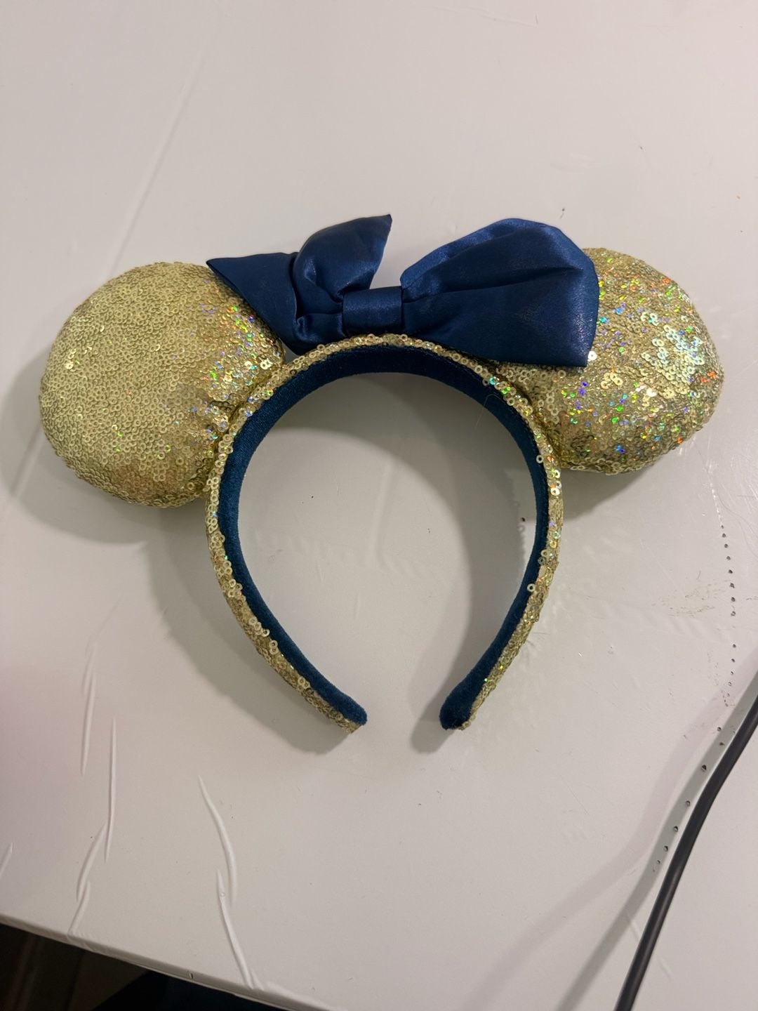 Disney Parks Mickey Mouse Ear Headband Gold Sequin Blue Bow 5