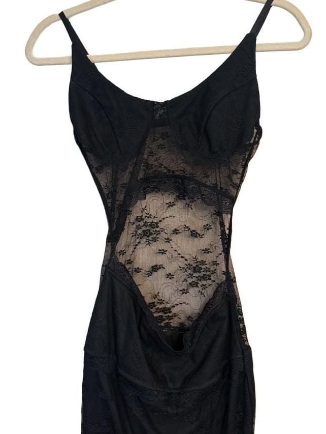 Witchy Romantic Black Lace Cutout Sheer Midi Dress 3