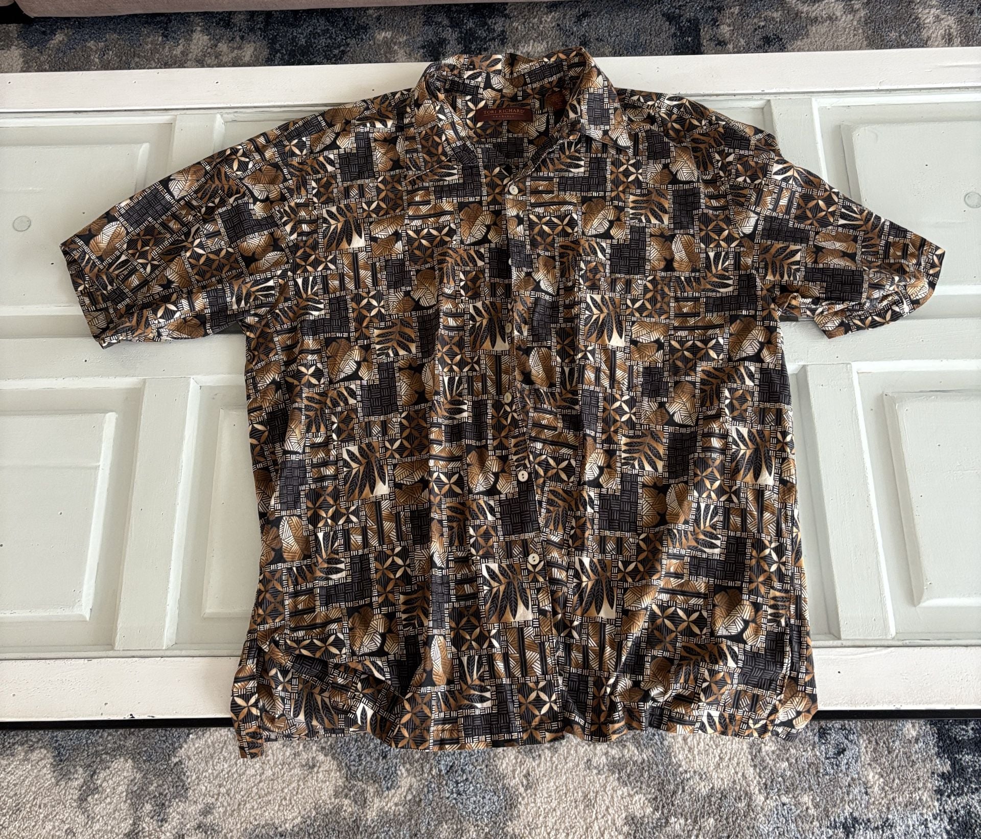 Tori Richard Hawaiian Shirt Size XL Brown Geometric Print Cotton Lawn 2