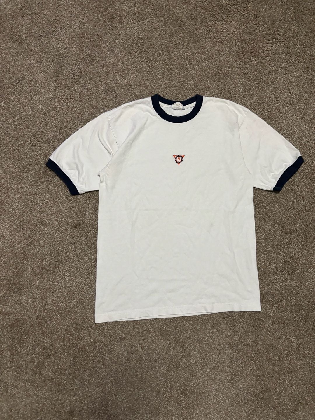 1990s Guess Athletic Ringer T-Shirt Size S White Embroidered Logo Vintage 2
