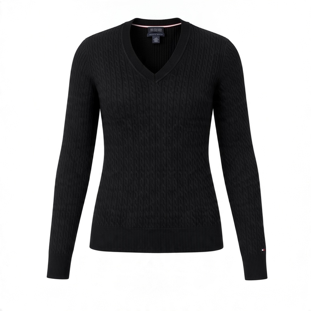Tommy Hilfiger V-Neck Cable Knit Sweater Size L Black Pima Cotton 2
