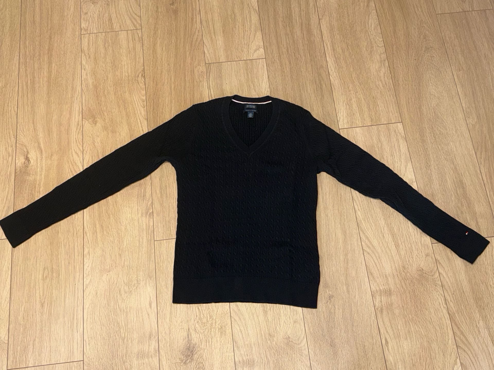 Tommy Hilfiger V-Neck Cable Knit Sweater Size L Black Pima Cotton 3