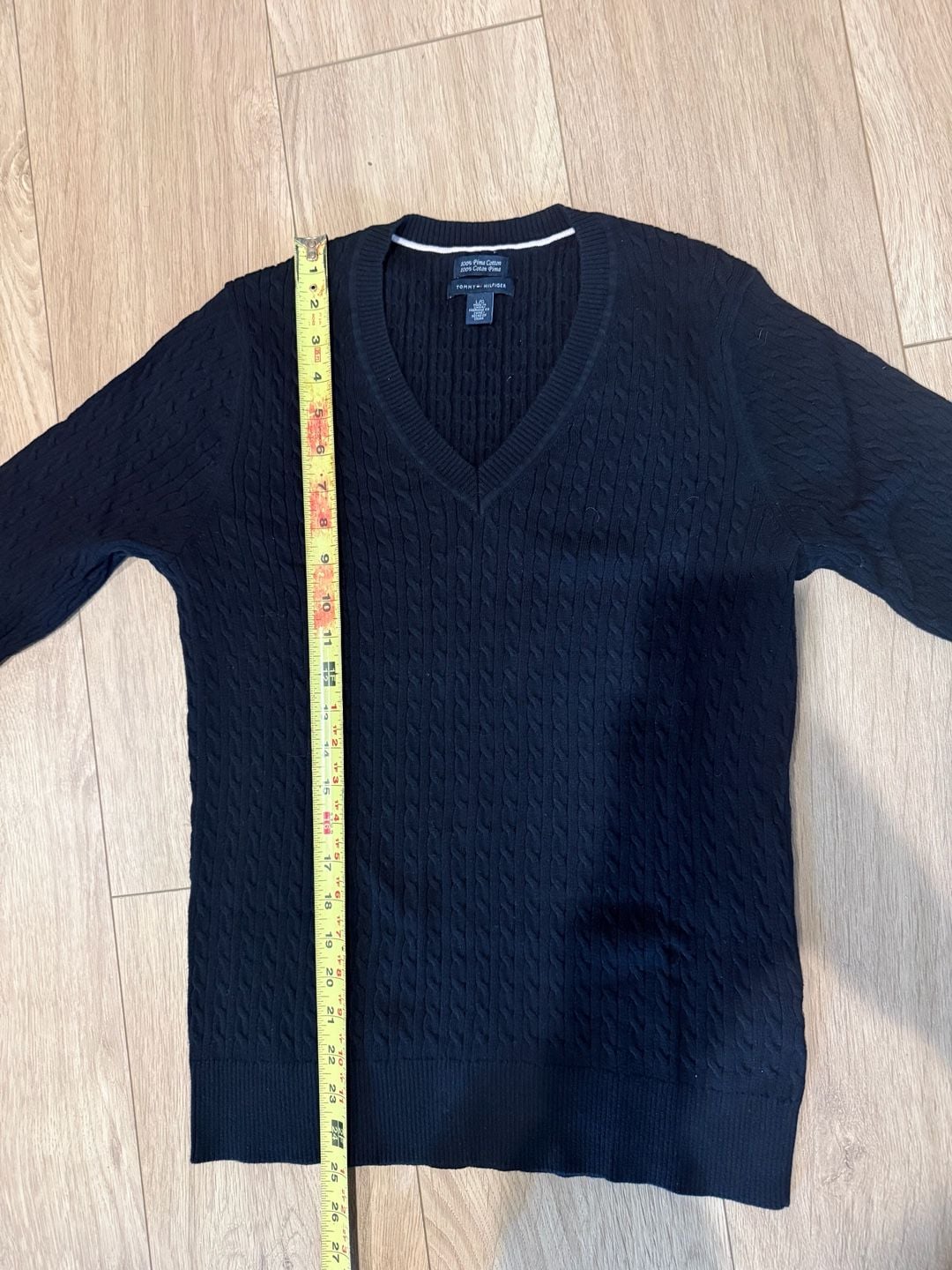 Tommy Hilfiger V-Neck Cable Knit Sweater Size L Black Pima Cotton 4