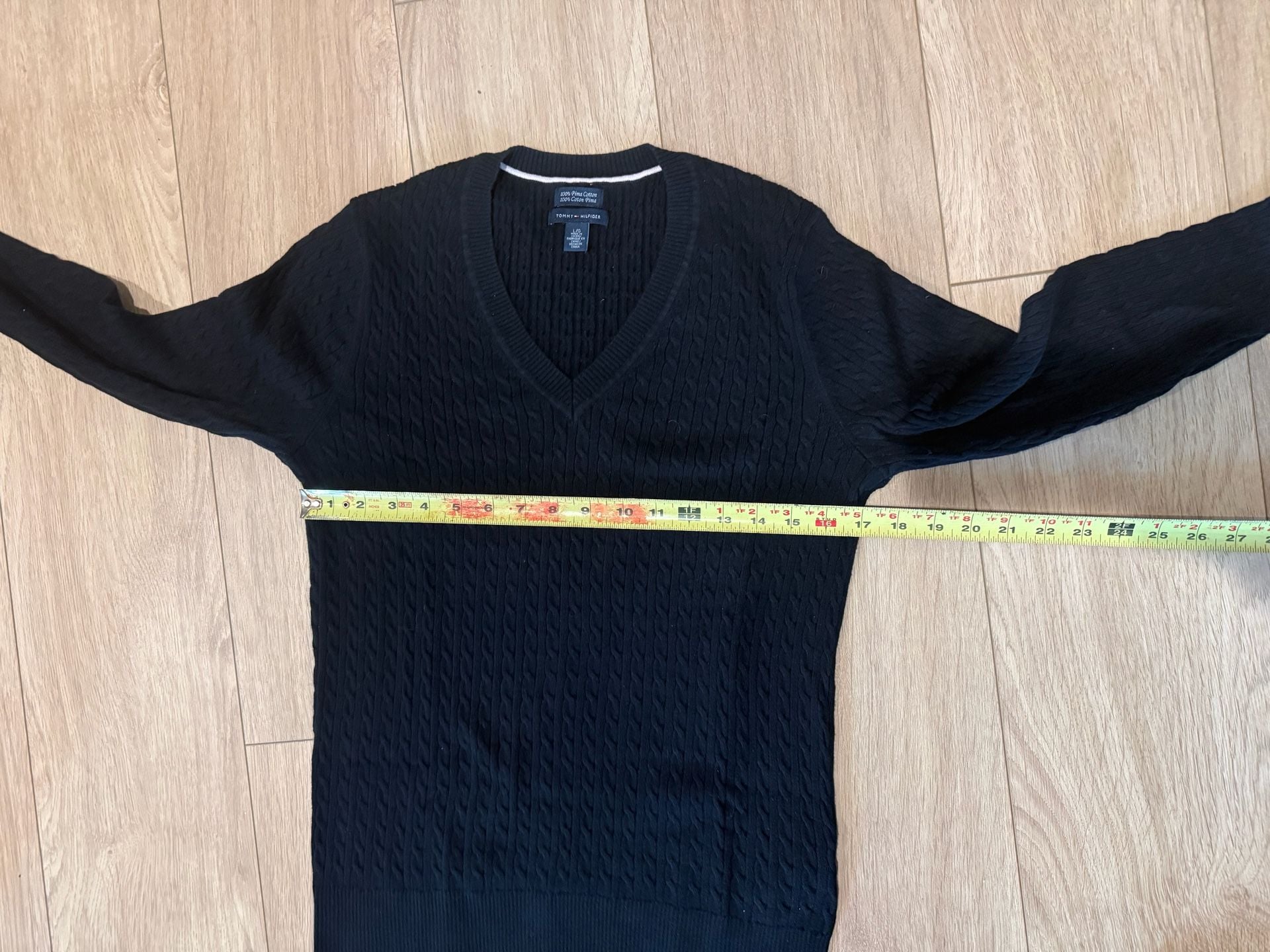 Tommy Hilfiger V-Neck Cable Knit Sweater Size L Black Pima Cotton 5