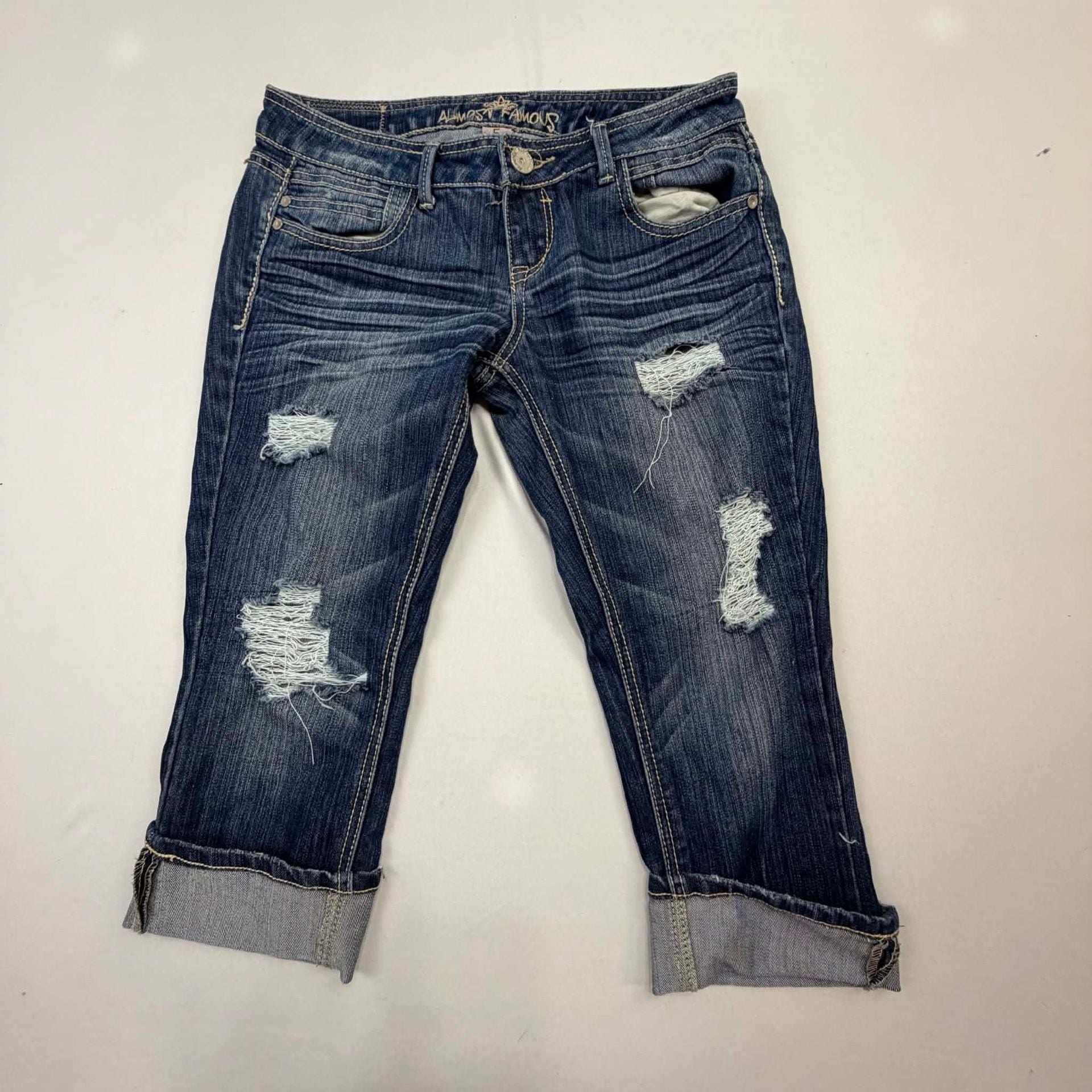 Almost Famous Distressed Cuffed Denim Capris Size 7 Blue 2