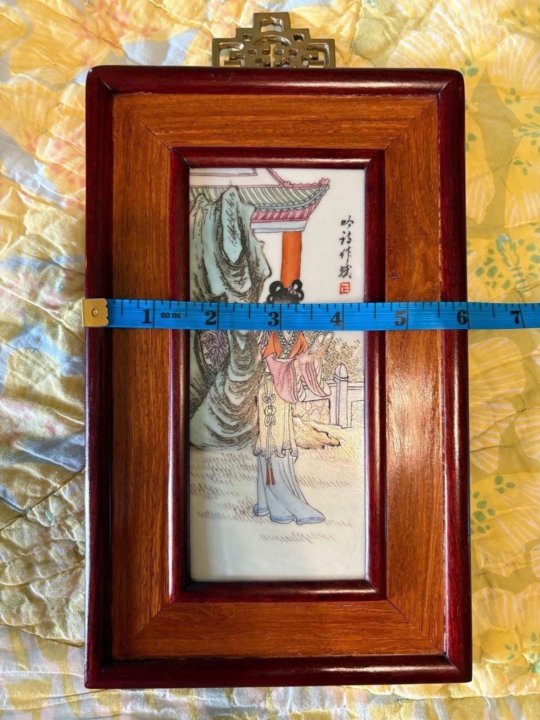 EUC Vintage Chinese Porcelain Painted Wall Hanging Plaque in Wood Frame 2