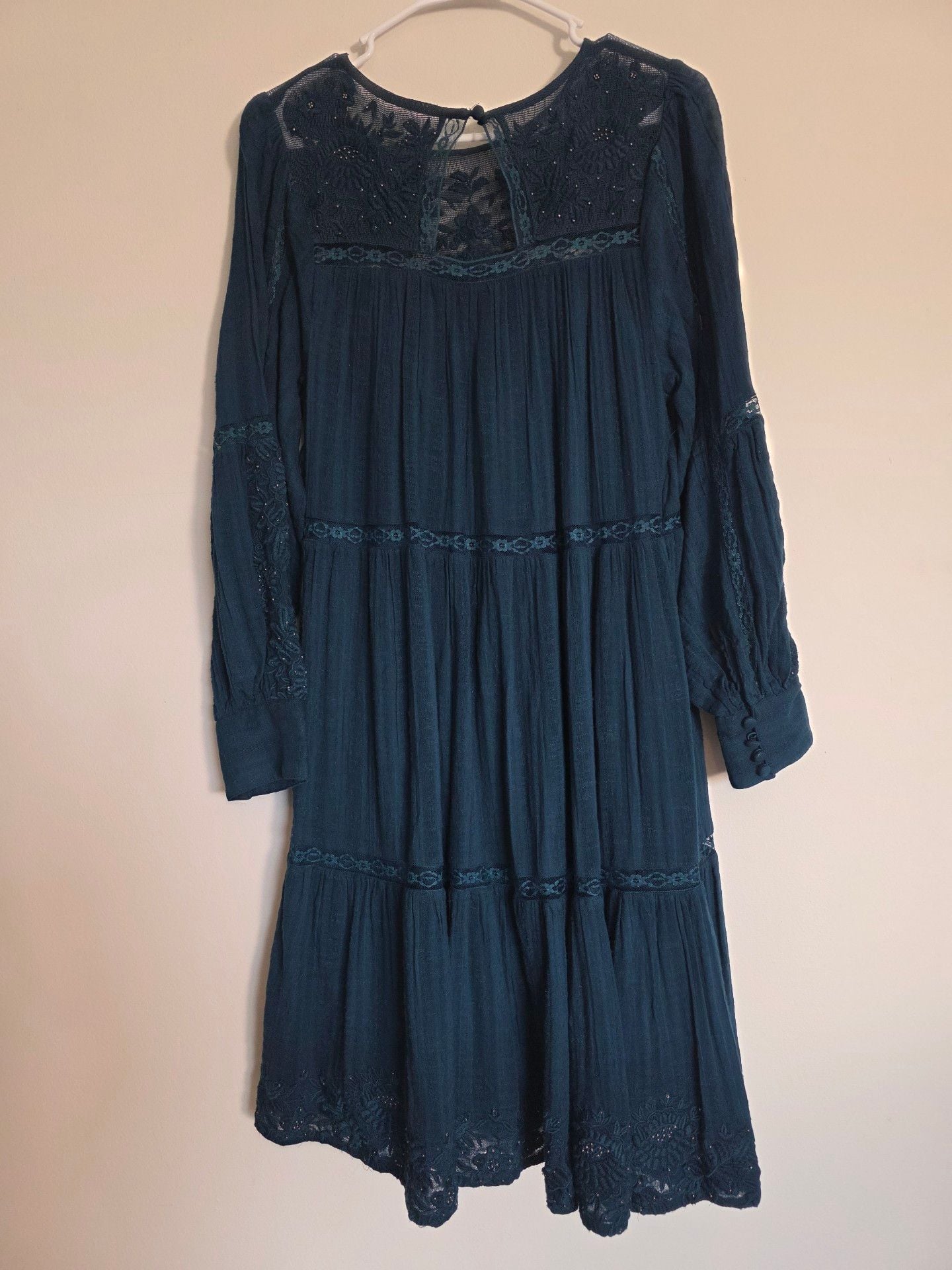 Anthropologie Embroidered Tiered Shift Dress Dark Teal 7