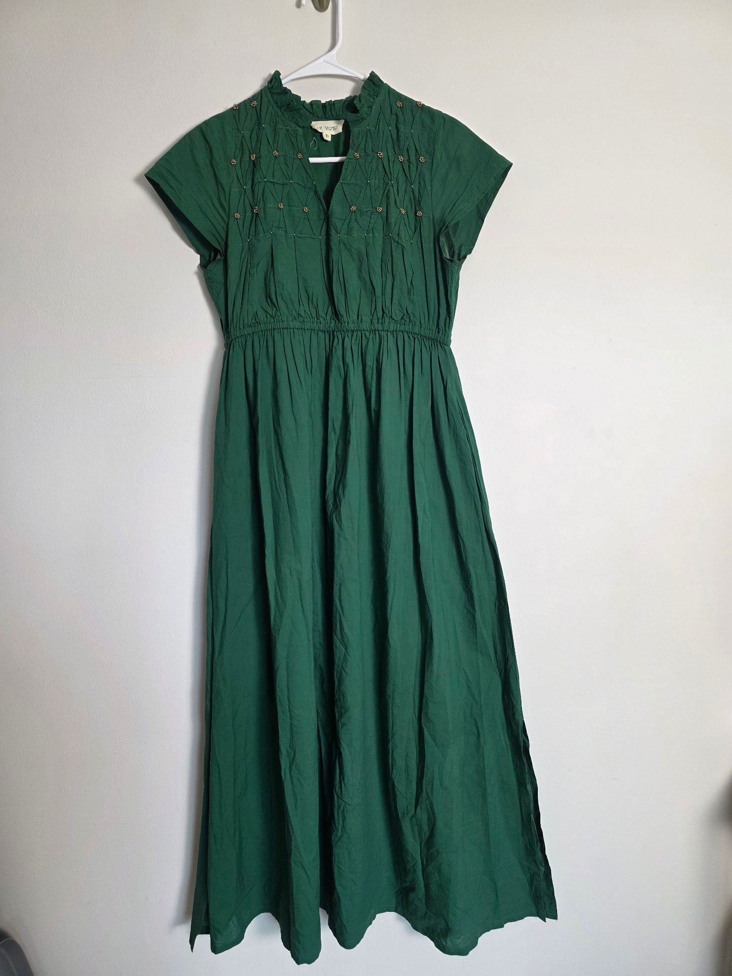 Ex Voto Green Cotton Dress Size XS Smocked Beaded Midi 2