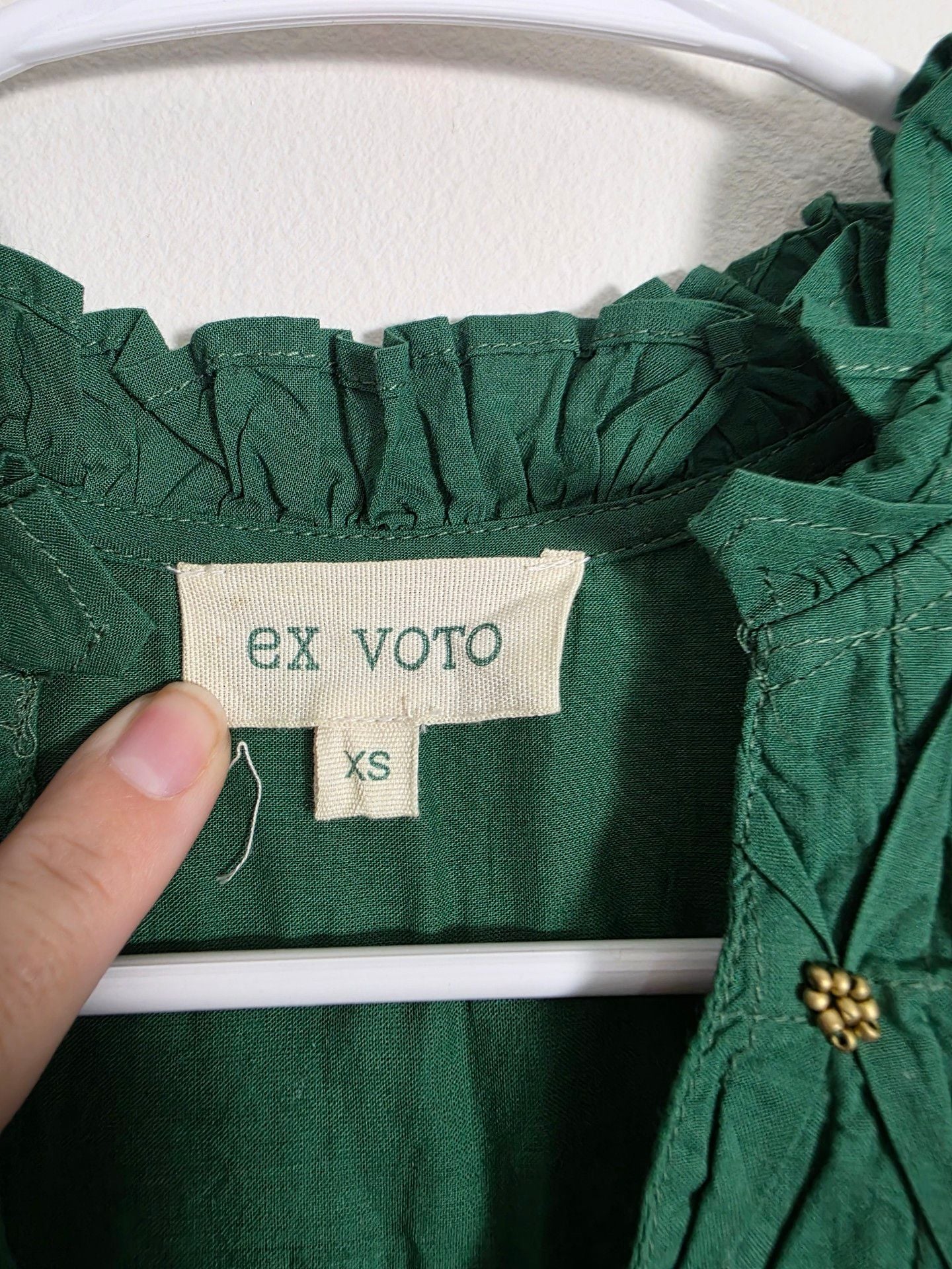 Ex Voto Green Cotton Dress Size XS Smocked Beaded Midi 3